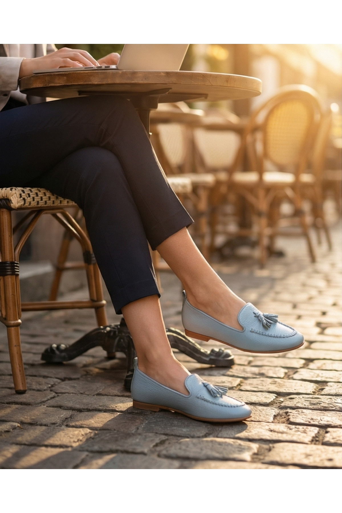 futsi shoes LUCIA Mavi Hakiki Deri Püskül Detaylı Kadın Loafer Babet görsel 3