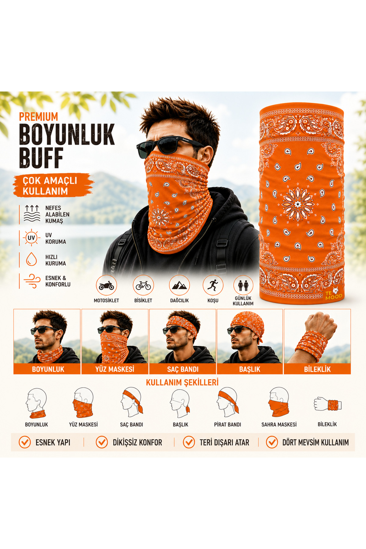 FG KONNİCHİWA Bandana Siyah Etnik Bandana Yüz Maskesi ve Boyunluk ve Günlük ve Motosiklet Kullanımı UV Korumalı Çok Amaçlı Boyunluk görsel 3