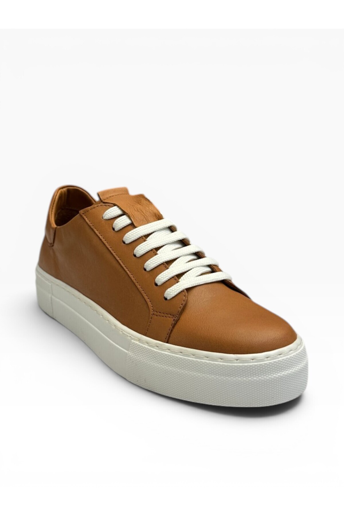 West To West Westtowest Kadın Taba Hakiki Deri Sneaker - Beyaz Kalın Tabanlı Bağcıklı Şık Günlük Spor Ayakkabı görsel 2