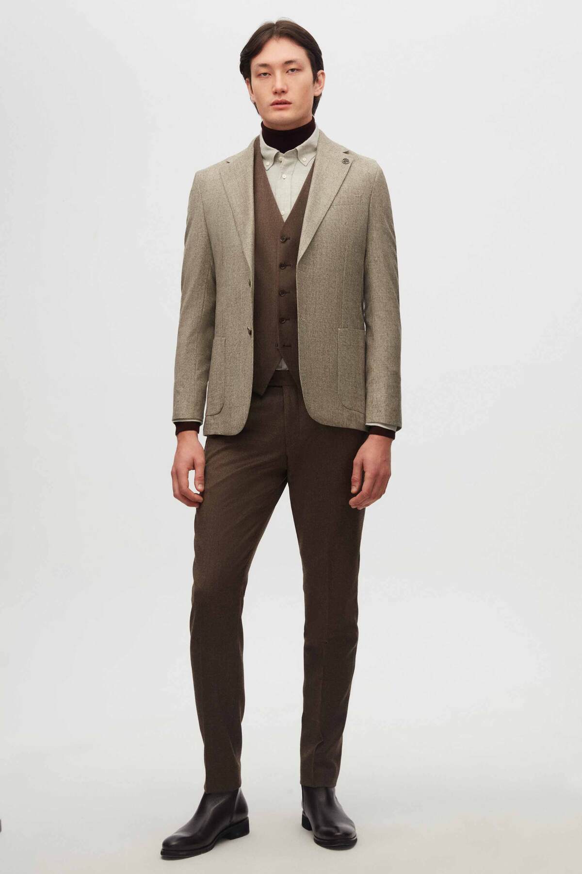 Slim Fit Vizon Desenli %100 Yün Takim Elbise Kombinli — بژ 3DFK5ML045671 — تصویر 8 از 8
