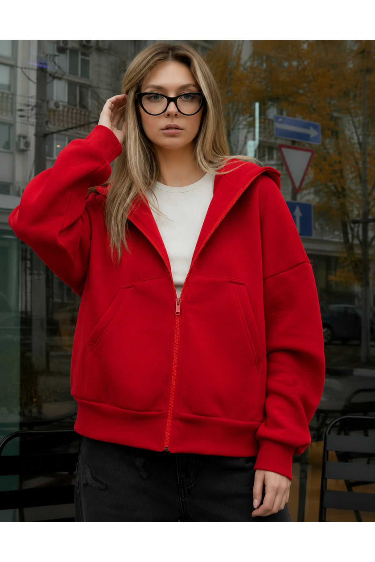 YAKAMEL KADIN OVERSİZE KAPÜŞONLU FERMUARLI HIRKA SWEATSHIRT görsel 4