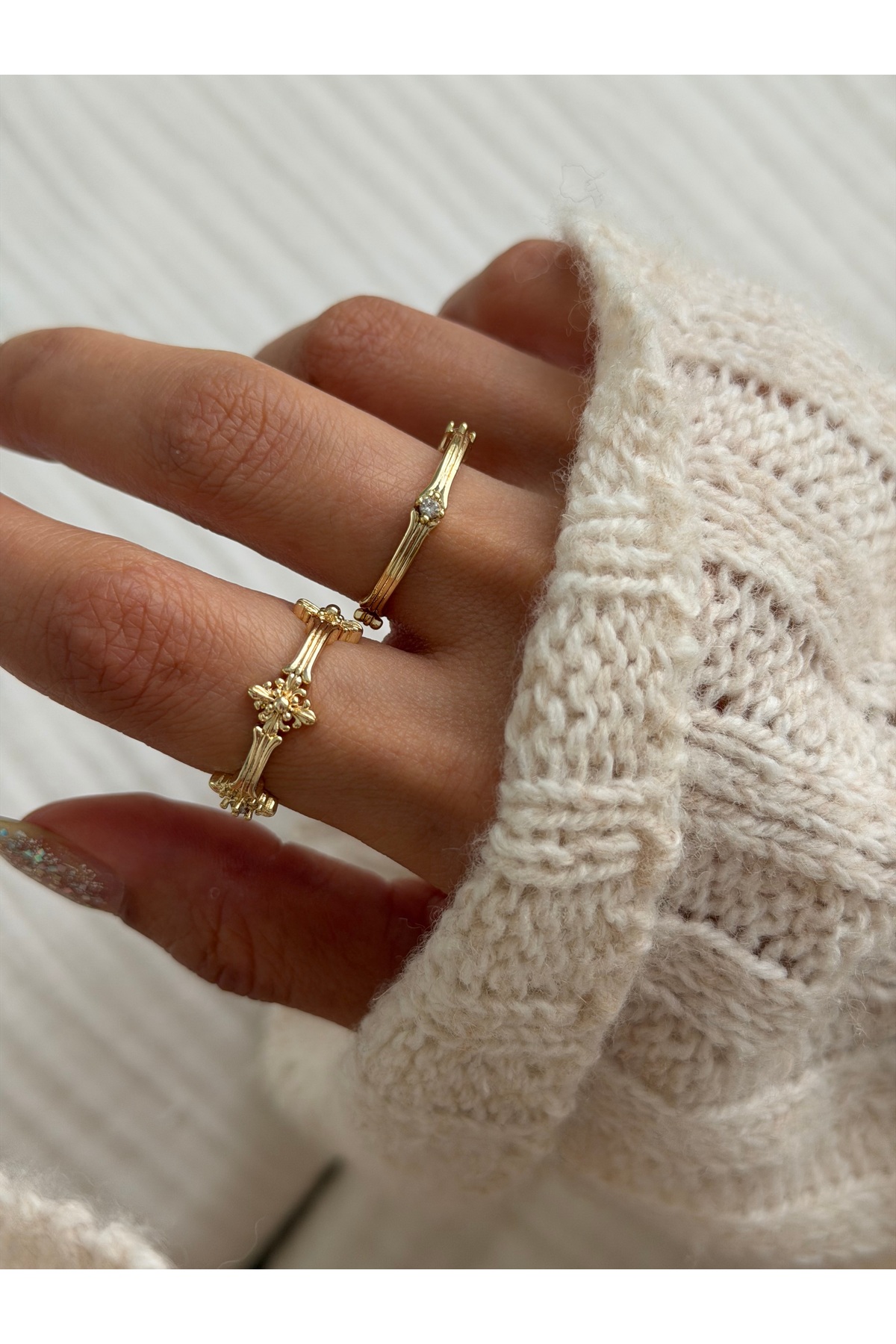 Lavian Accessories 2’li Taş Detaylı Leo Gold Yüzük Seti (AYARLANABİLİR) görsel 2