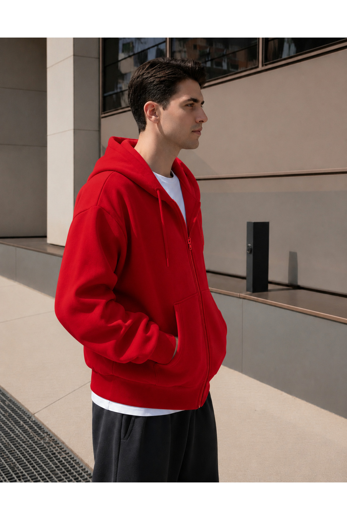 YAKAMEL ERKEK 3 İPLİK FERMUARLI KAPÜŞONLU OVERSİZE RAHAT SWEATSHIRT HIRKA görsel 2