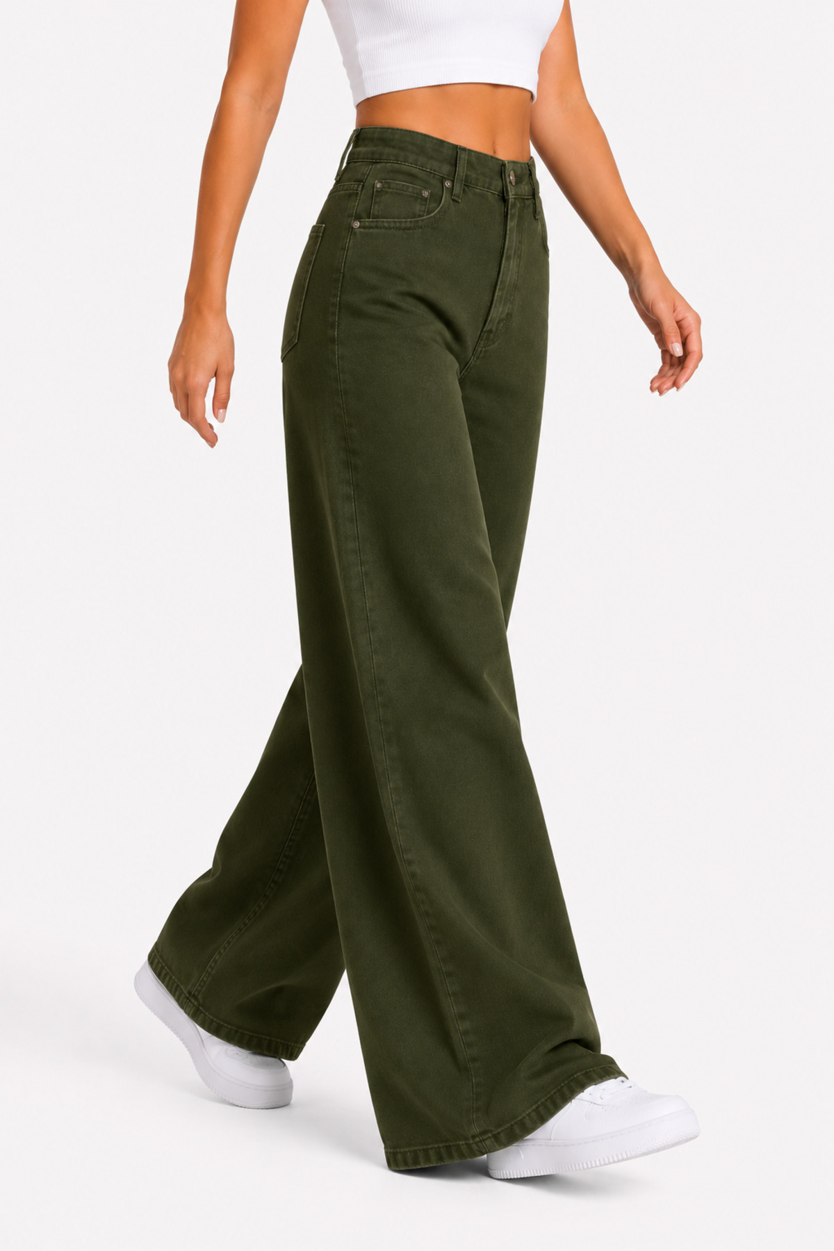 Lighter Jeans Kadın Haki Yüksek Bel Wide Leg Straight Fit Palazzo Bol Paça Esnek Denim Pantolon görsel 4
