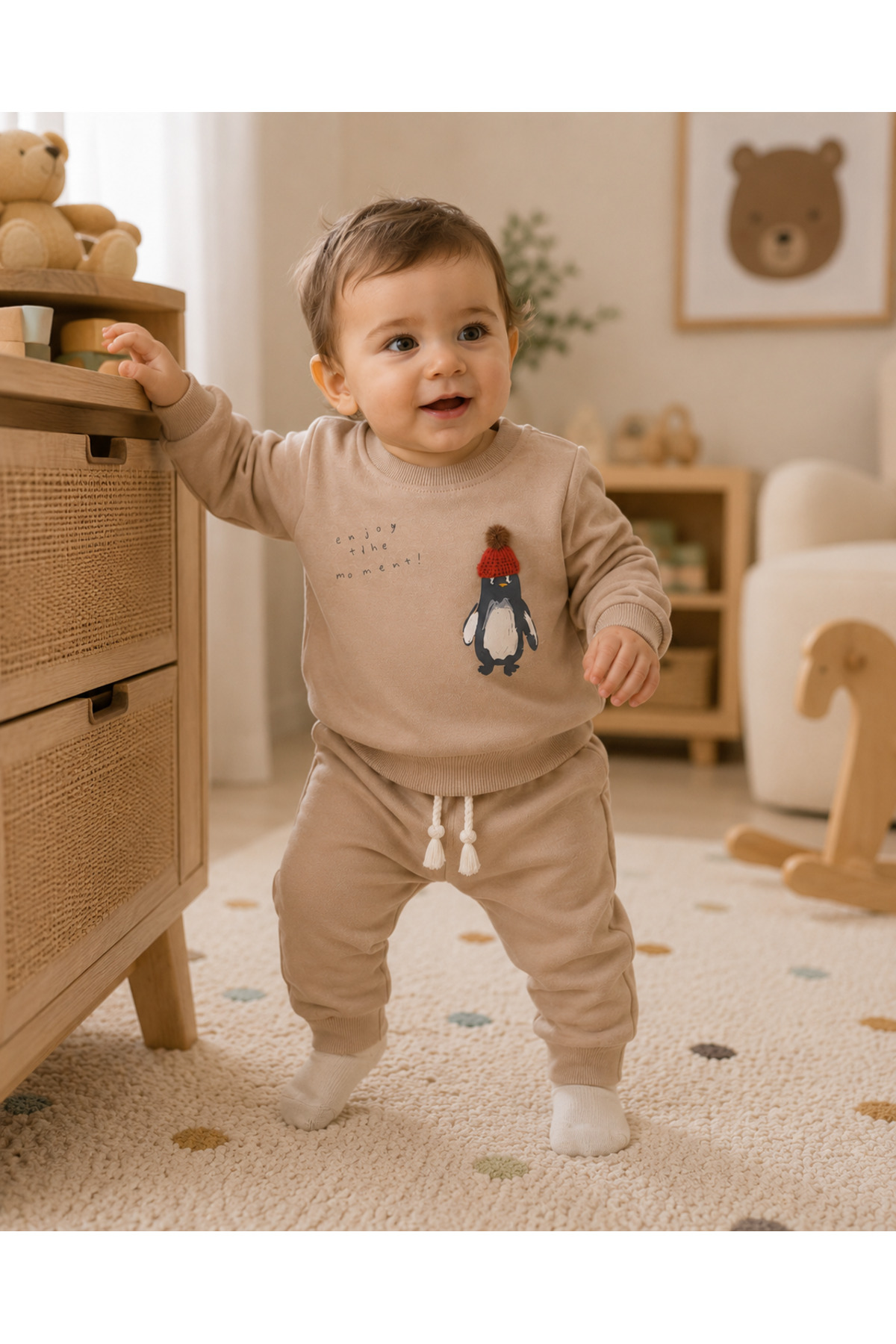 Penguen Baskılı 2'li Erkek Çocuk Takımı – Sweatshirt ve Jogger Alt | Günlük Bebek Eşofman Takımı