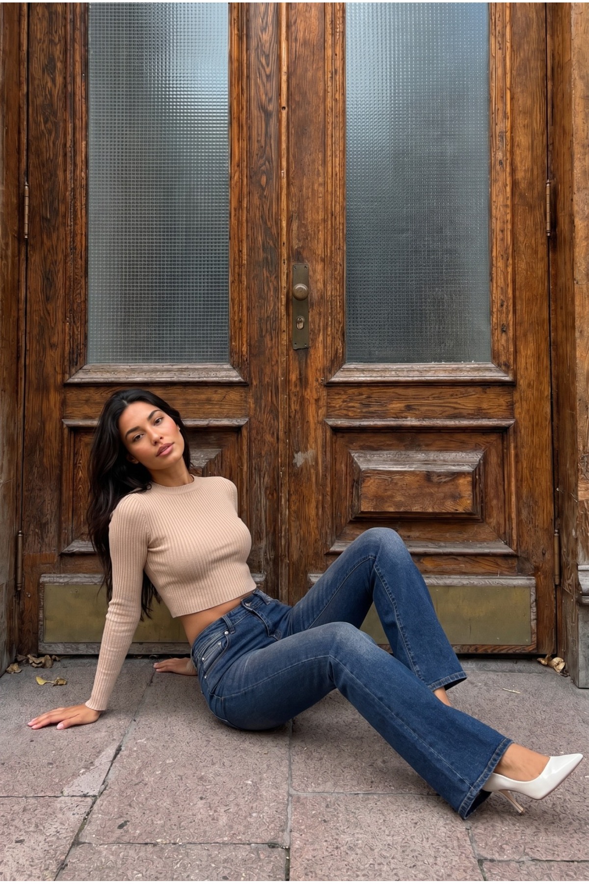 Yüksek Bel Esnek/Likralı Çan Paça Jeans Koyu Lacivert 5