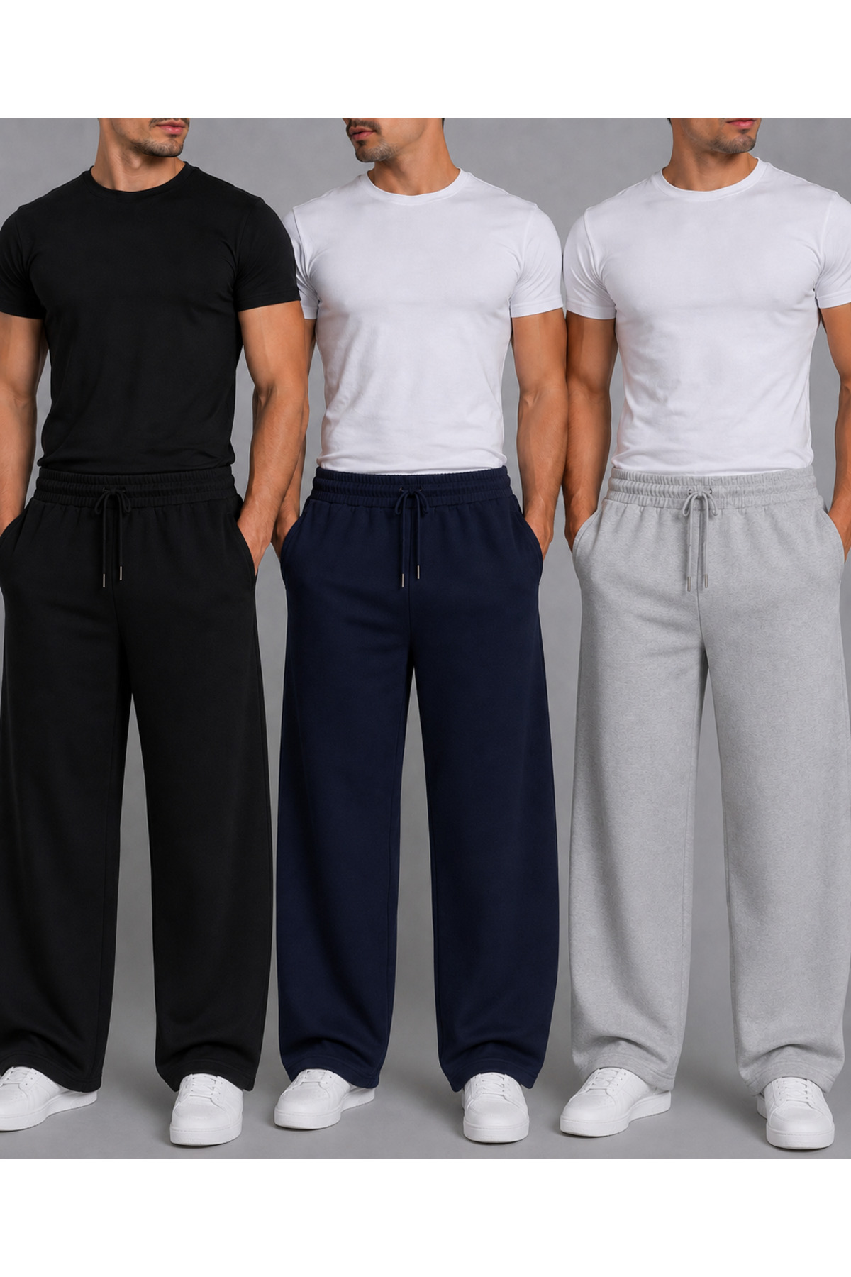 BERYY MODA Ekonomik Paket: Üçlü Erkek Siyah Gri Lacivert Beli Lastikli Bağcıklı Eşofman Altı
