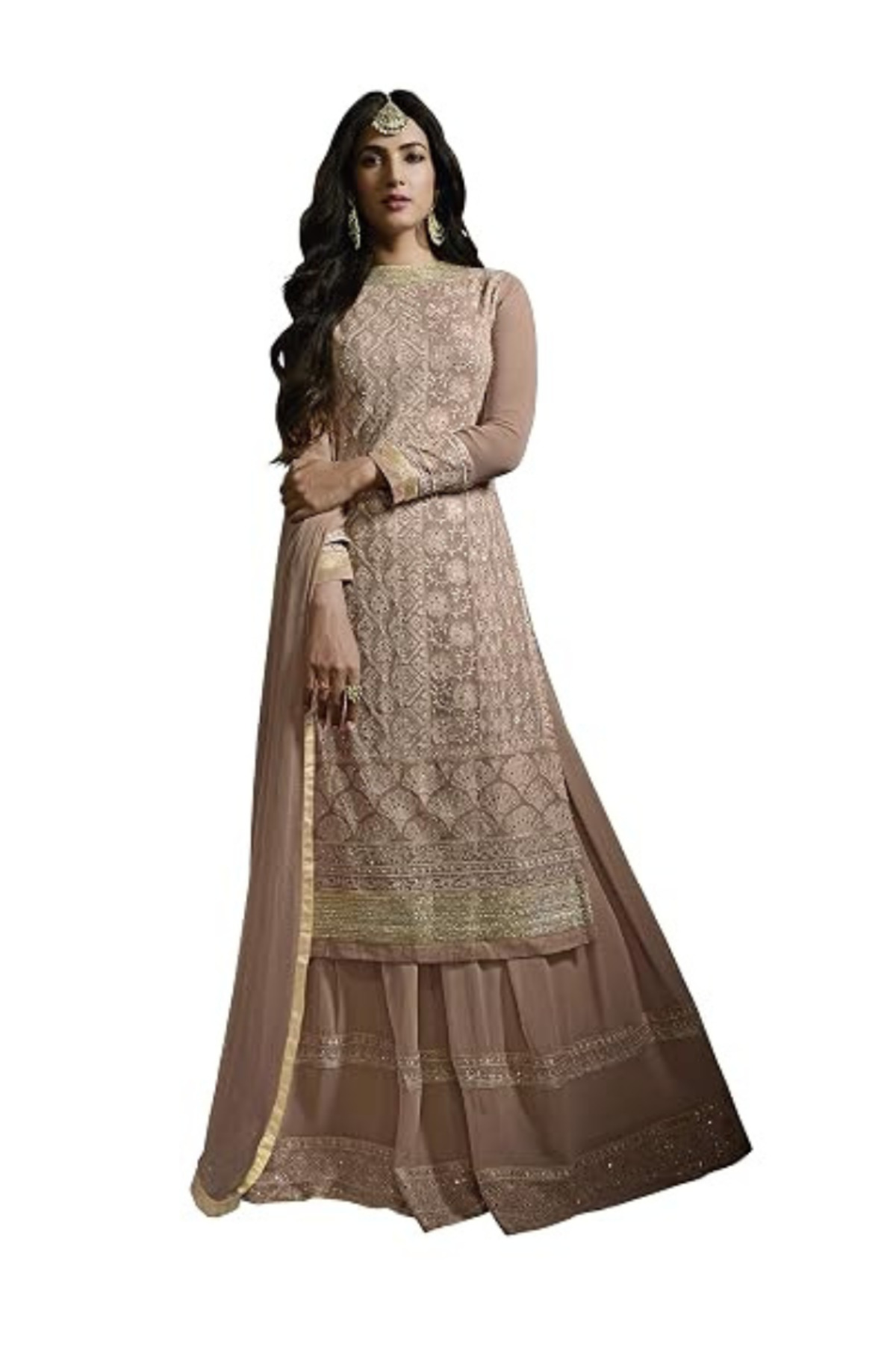 MYSMAR Beige Party Wear Embroidered Palazzo Suit - FG1152 | Beige-Size:L-40-Inches