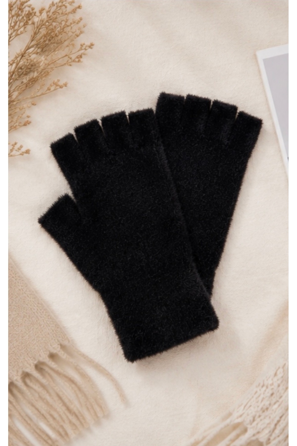 KAR-KIŞ ACCESSORIES SONBAHAR/KIŞ KOMBİN SİYAH PELUŞ KISA PARMAK YUMOŞ ELDİVEN görsel 2