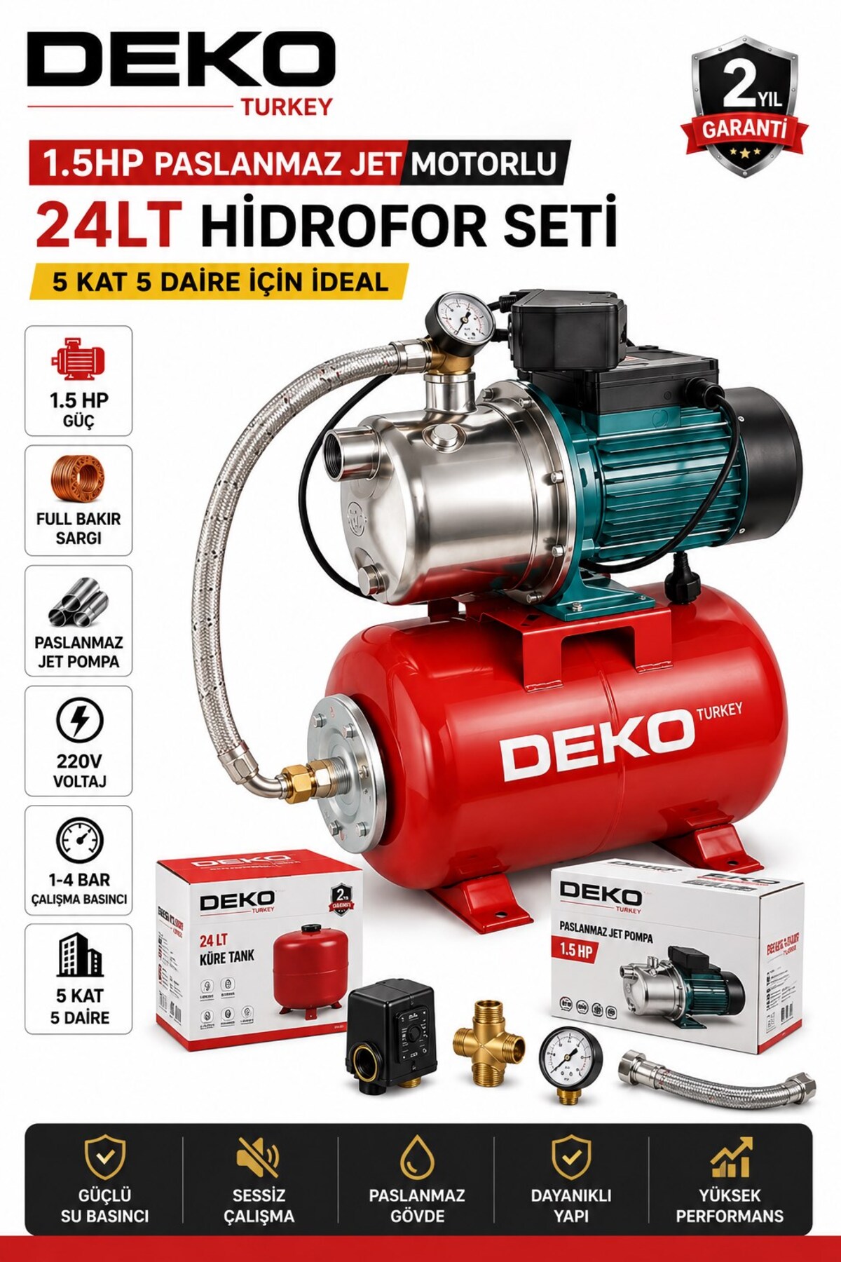 DEKO Turkey 1.5 HP Paslanmaz Jet Hidrofor Seti – 24 LT Küre Tanklı Otomatik Su Pompası 5 Kat 5 Daire Ev Villa