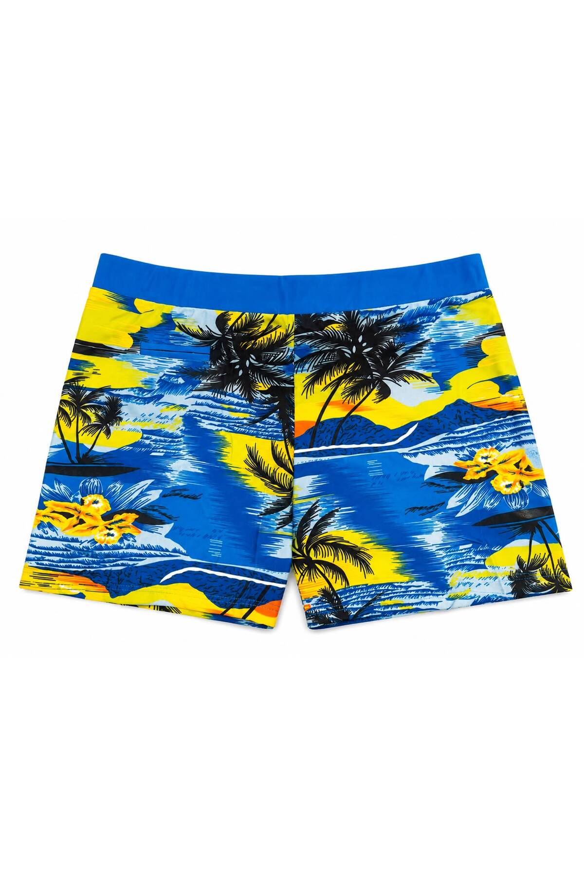 FEATHERLAND Men’s Tropical Print Swim Shorts with Elastic Waistband – Quick-Drying Beach and Pool Wear, Blue and Yellow
