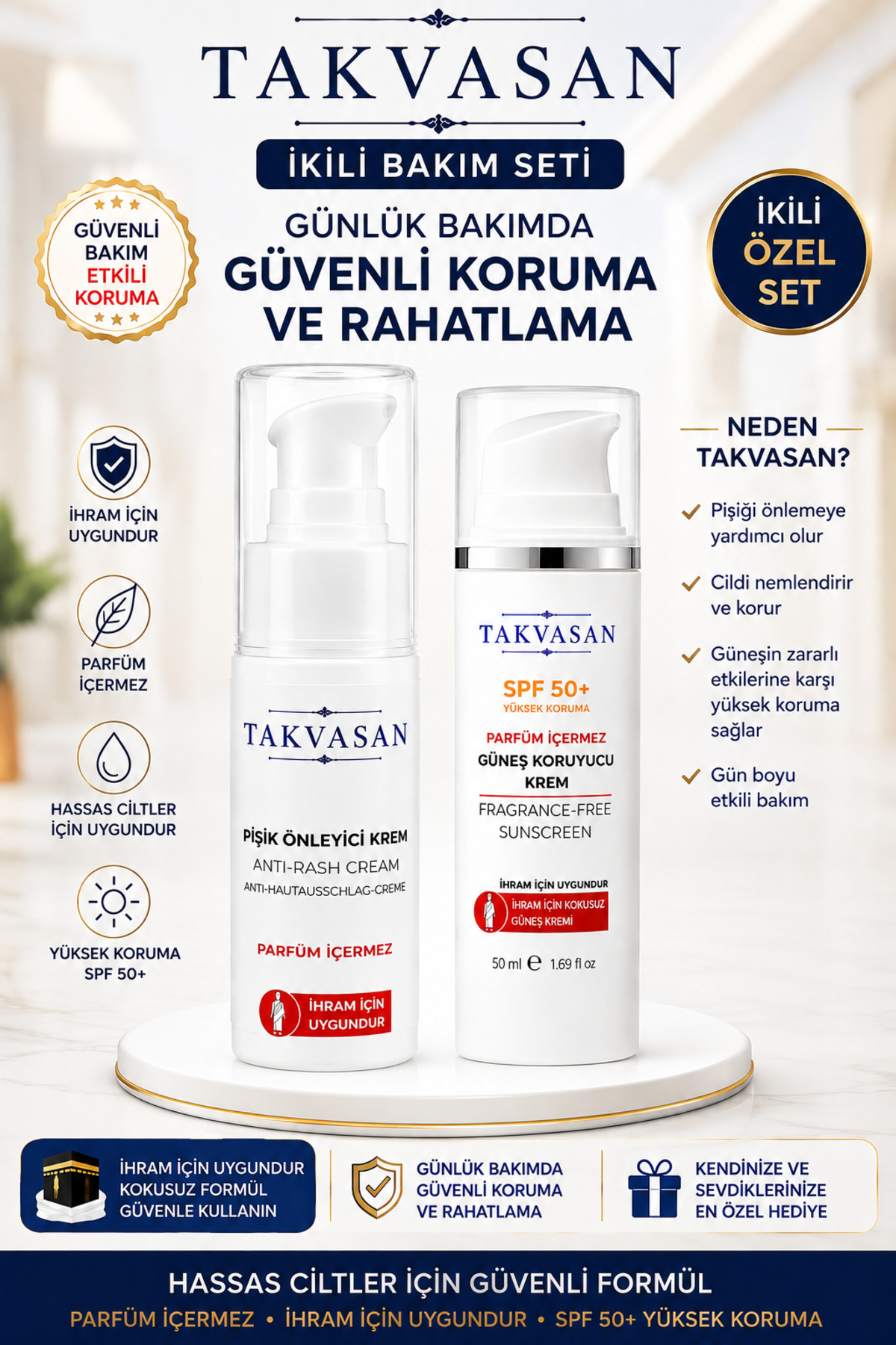 İhram Uyumlu İkili Bakım Seti SPF 50+ Güneş Koruyucu Krem ve Pişik Önleyici Krem Parfümsüz — ikilibakımseti — تصویر 2 از 4