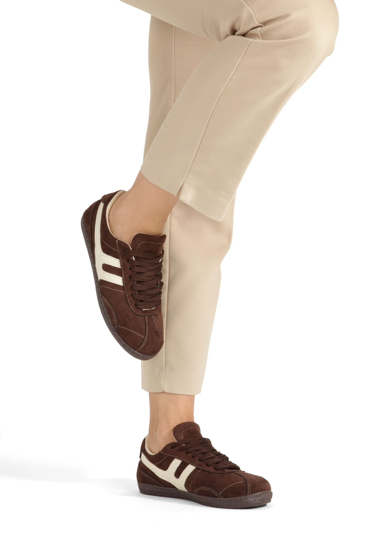 RoseVeno Kadın Kahve Süet Sneaker Günlük Spor Ayakkabı Rahat Retro Süet Detaylı Casual Ayakkabı görsel 3