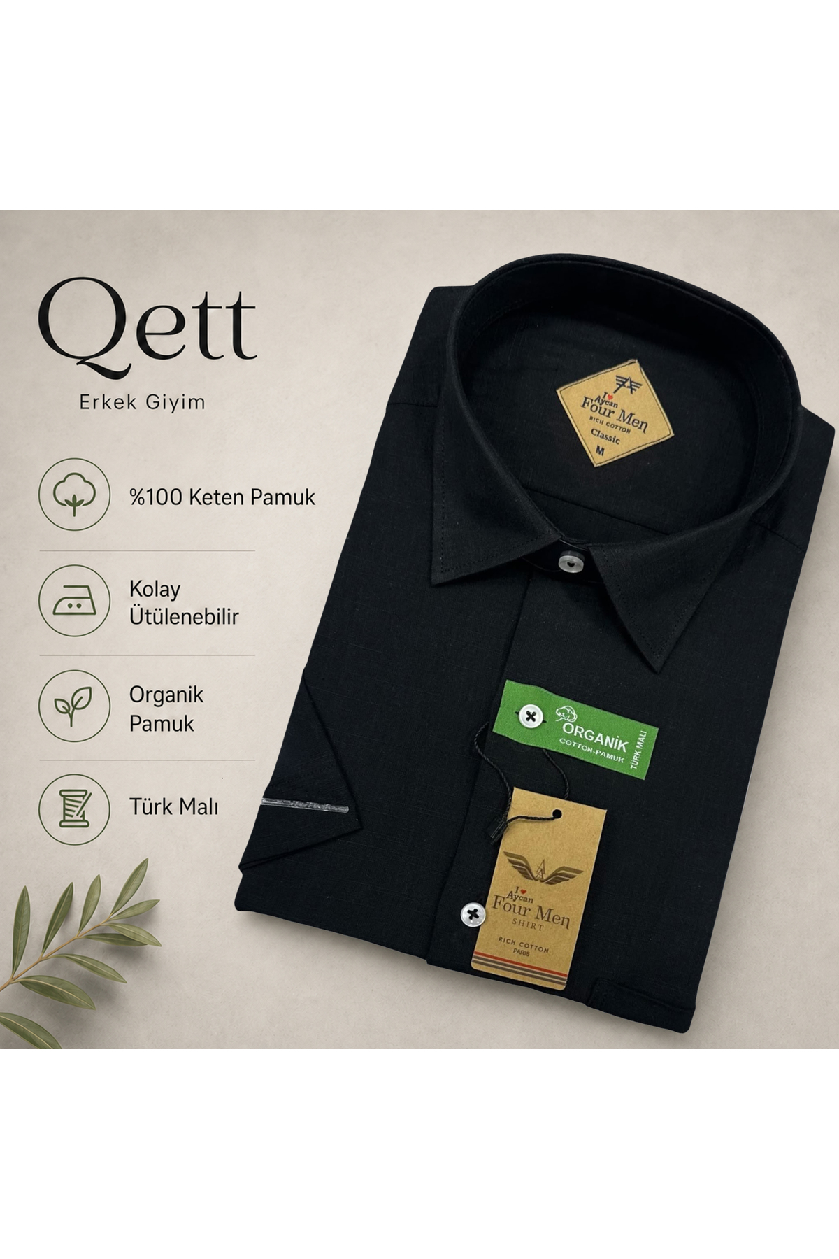 Qett Kısa Kol Regular Kesim Düğmeli Yaka Pamuk Nefes Alabilen Keten Görünümlü Gömlek Büyük Beden görsel 2