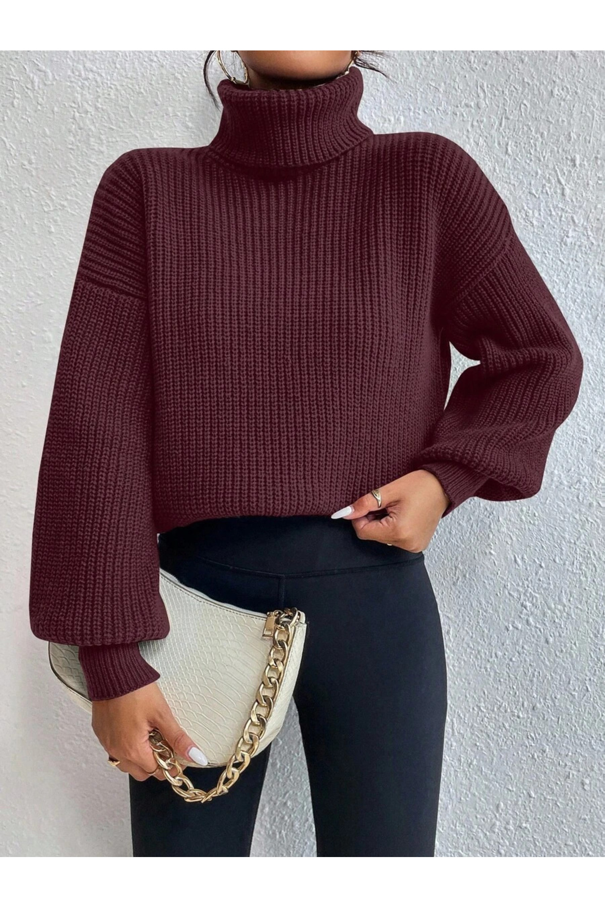 dgs look Kadın Bordo Boğazlı Oversize Triko Kazak Fitilli Dökümlü Yumuşak Dokulu Pamuklu Balıkçı Yaka görsel 7