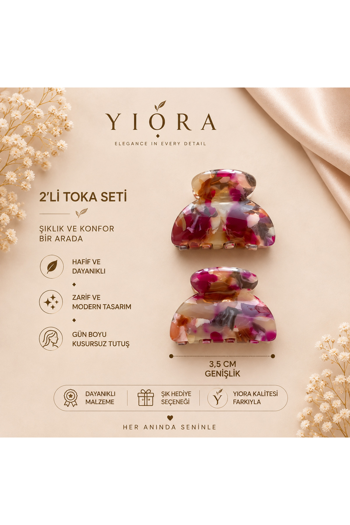 yiora Kadın 2Li Premium Seri İthal Kemik Asetat Mandal Toka 3,5 cm
