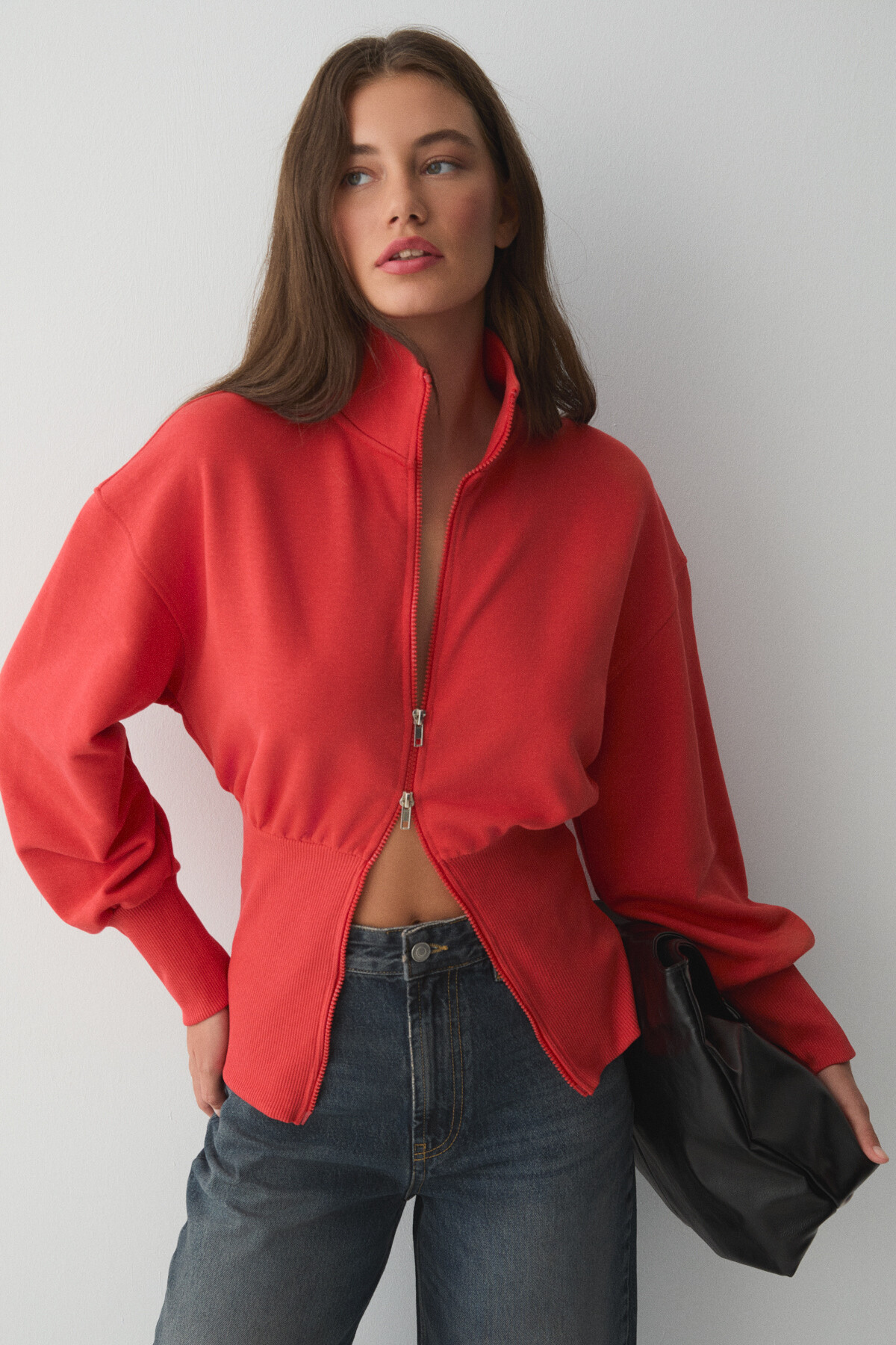 ETHIQUET VIVALDI Kadın Organik Pamuklu Beli Korseli Fermuarlı Kırmızı Sweatshirt görsel 3