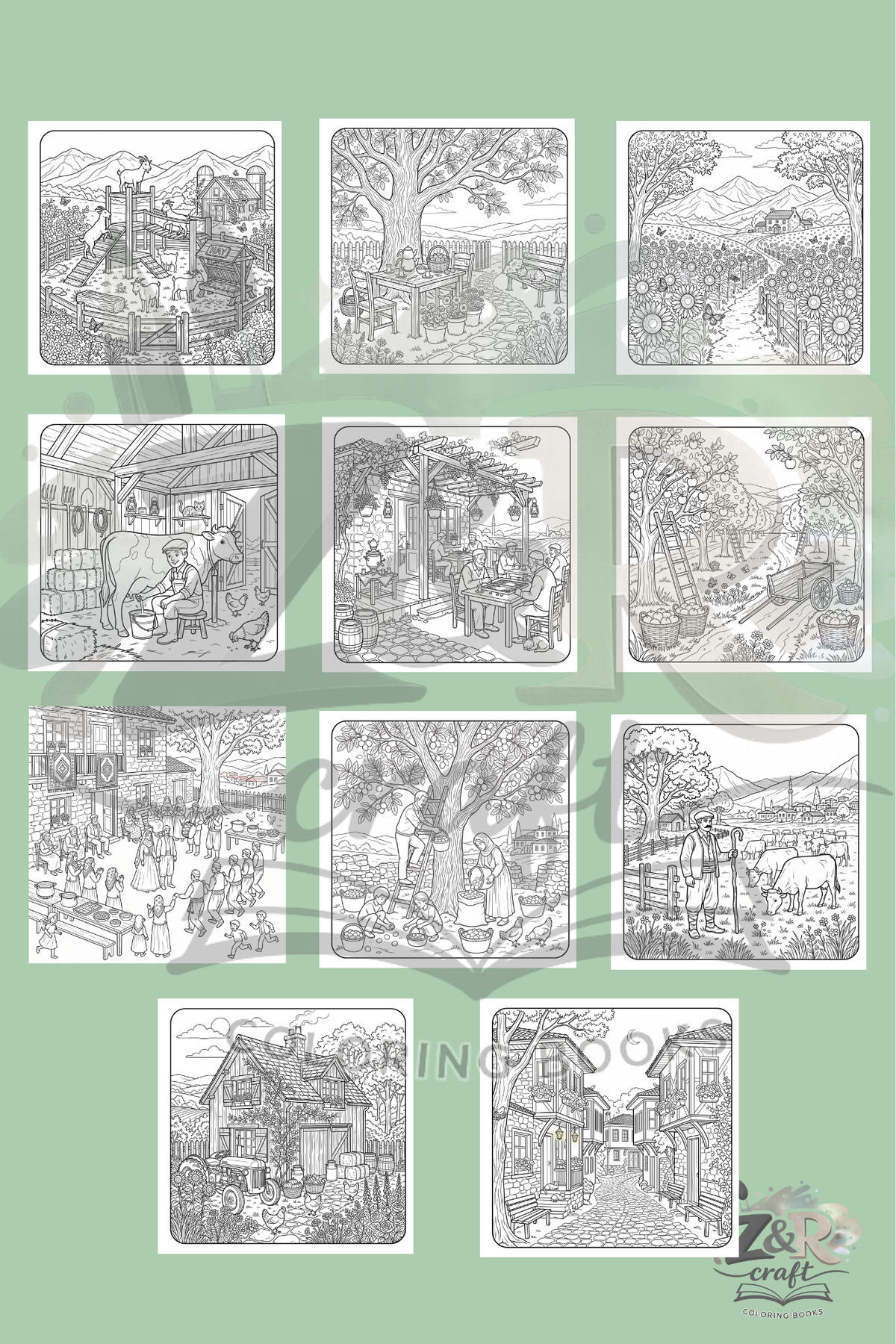 کتاب رنگ آمیزی زندگی روستایی آنادولو – کتاب رنگ آمیزی برای بزرگسالان درباره زندگی طبیعی، روستا و زندگی روستایی - ۳۵ تصویر - ۲۰*۲۰