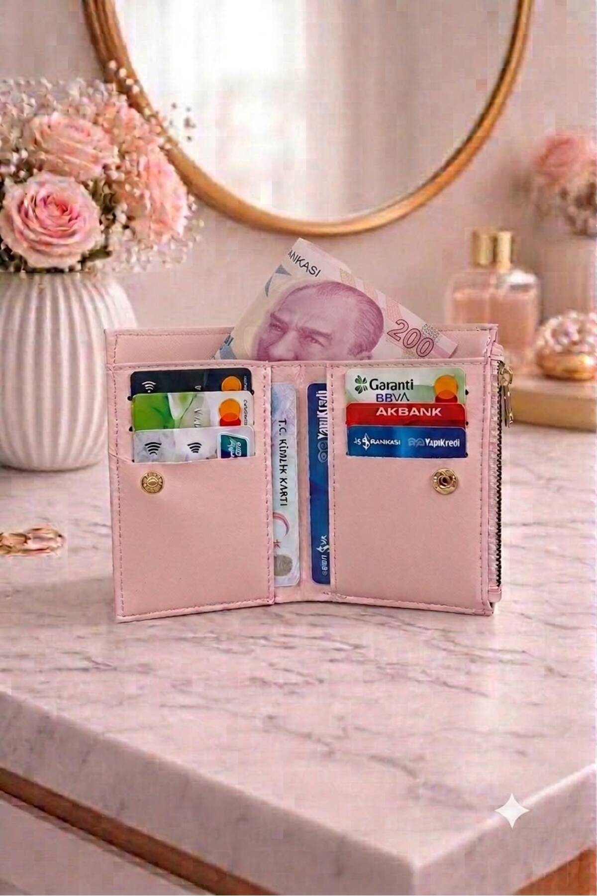 ÇANTA Lüx Deri Pembe Simli Cüzdan Kartlık görsel 4