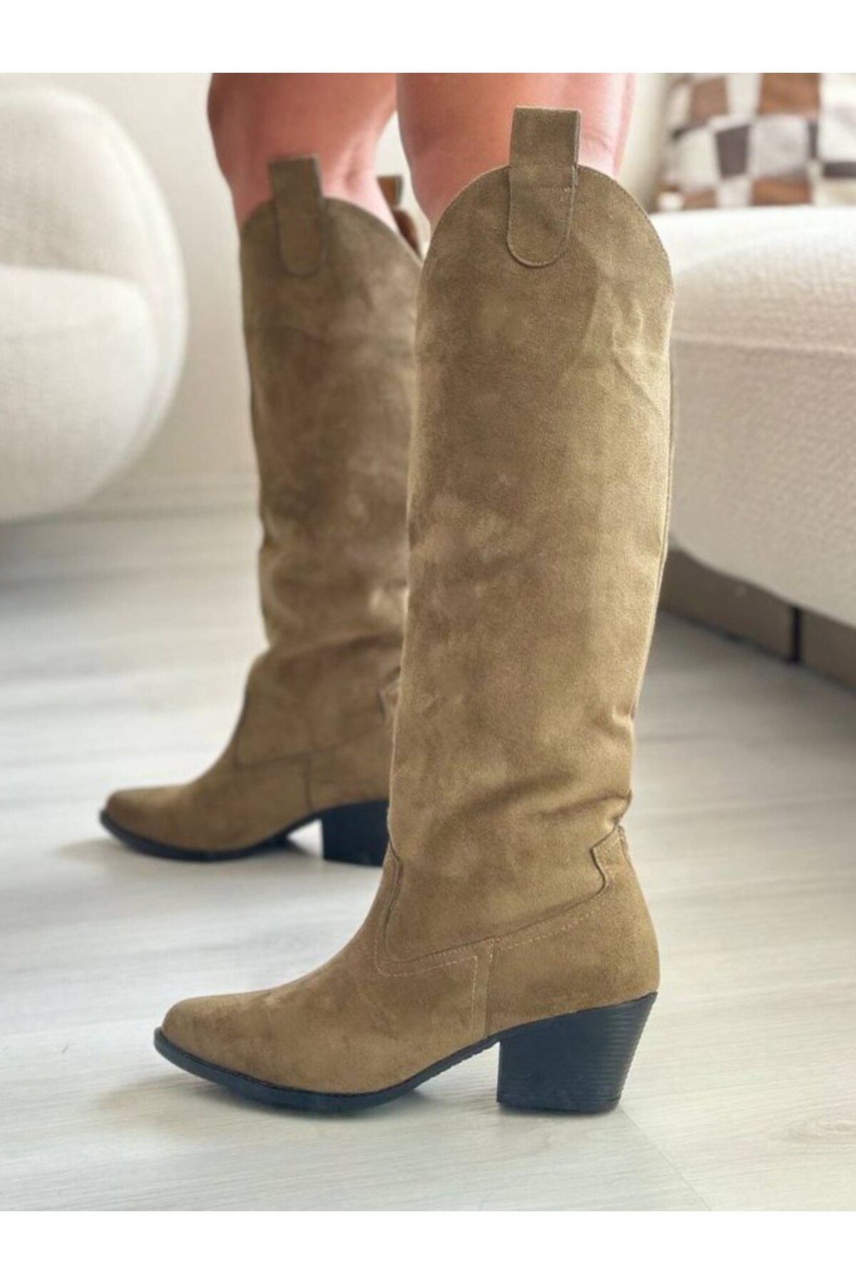 SHOEBOURNE Haki Süet Western Tarzı Dizaltı Uzun Kadın Çizme görsel 5