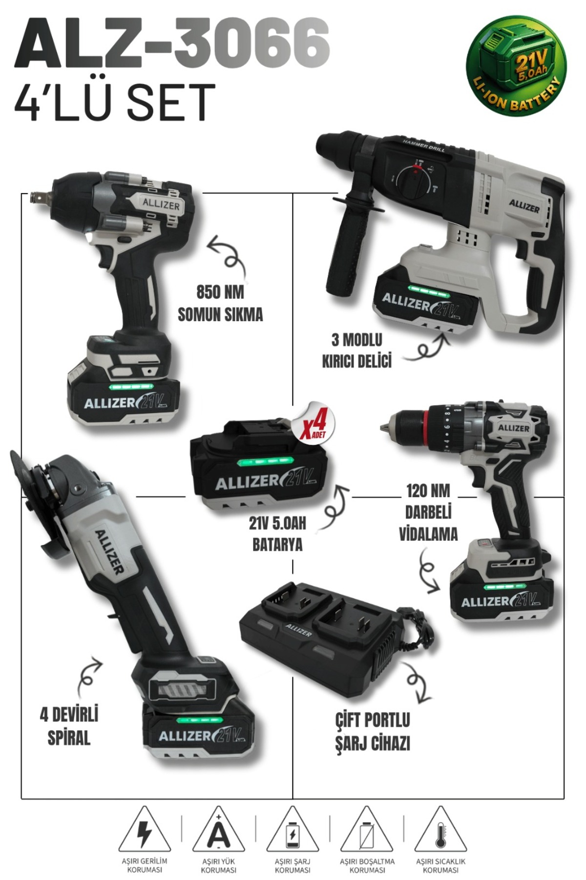 ALLİZER GERMAN Allizer ALZ-3066 21V 5.0Ah Profesyonel Akülü 4'lü