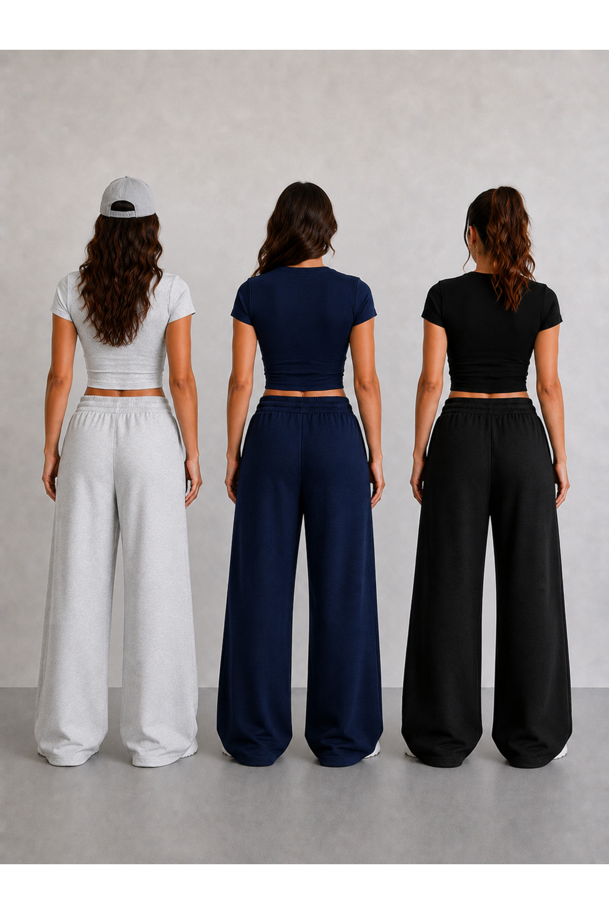 BERYY MODA 3'lü Eşofman Altı Seti Kadın Siyah Gri Lacivert Yüksek Bel Trend Wide Leg görsel 2