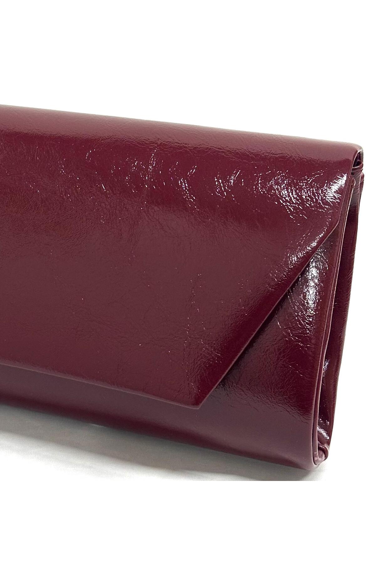 NAZART Kadın Kırışık Suni Deri Bordo Abiye Clutch Zincir Askılı El Düğün Nişan Gece Çantası görsel 2