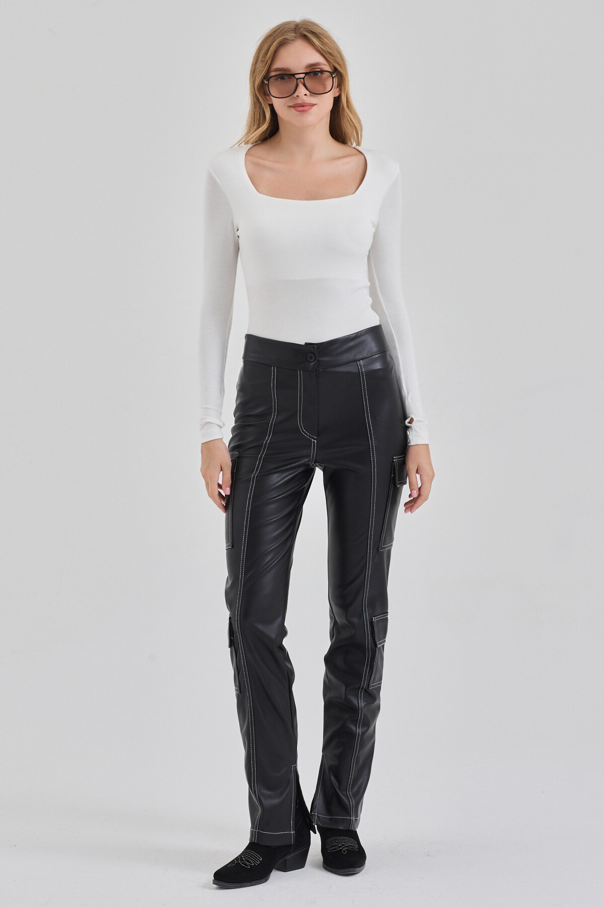 MODiSCHO Kadın Ekru KareYaka Slim Fit Parmak Geçmeli Ultra Soft Yumuşak Esnek Likralı Pamuklu Basic Body&Bluz görsel 7