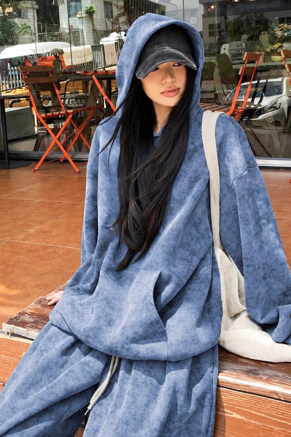 Washed Mavi Yıkamalı Oversize 3 İplik Kanguru Cepli Kapüşonlu Sweatshirt Paçası Lastikli Şalvar Eşofman Takımı — آبی K121WASHEDTAKIM — تصویر 4 از 7