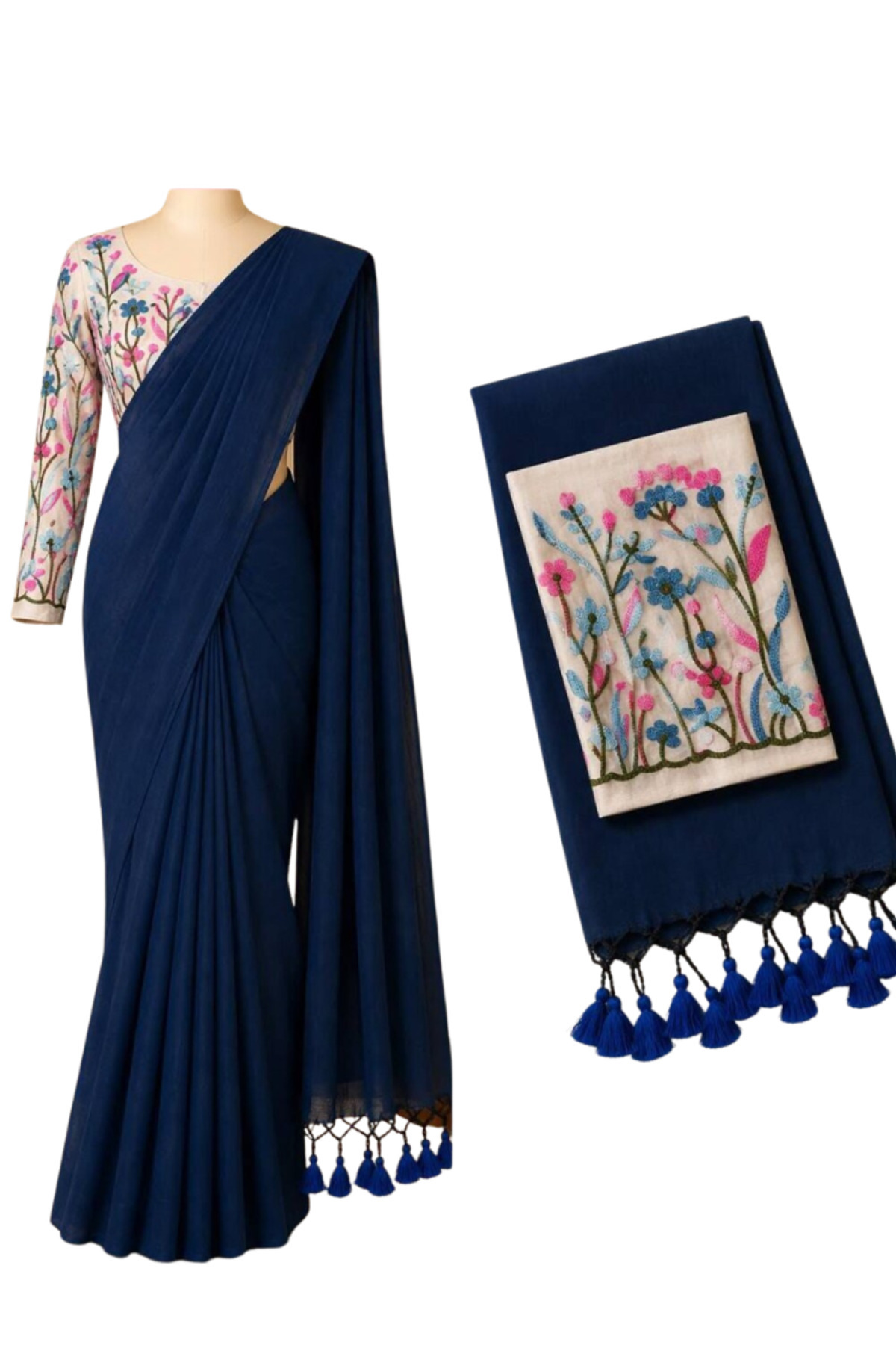 MYSMAR Navy Blue Cotton Saree with Floral Embroidered Blouse - FFT9594 | Navy Blue & White