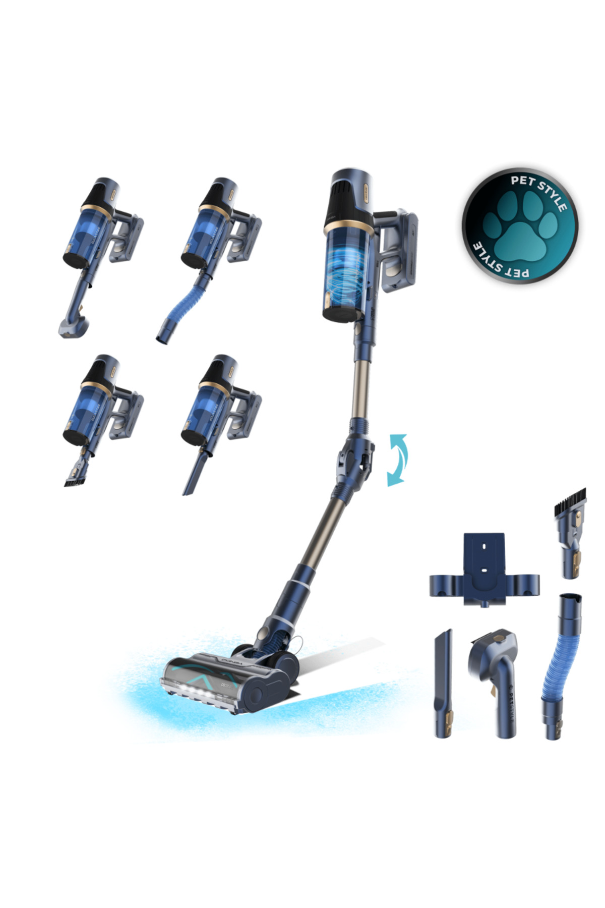 CECOTEC Conga Rockstar Pet Flex Kablosuz Dikey Süpürge – 500W BLDC Motor, 150AW / 25 kPa Emiş Gücü, 65 dk Kullanım, 33,6V Batarya, XL Pet Fırça, Esnek Boru, LED, LED Ekran, Auto Mod, 500 ml Hazne