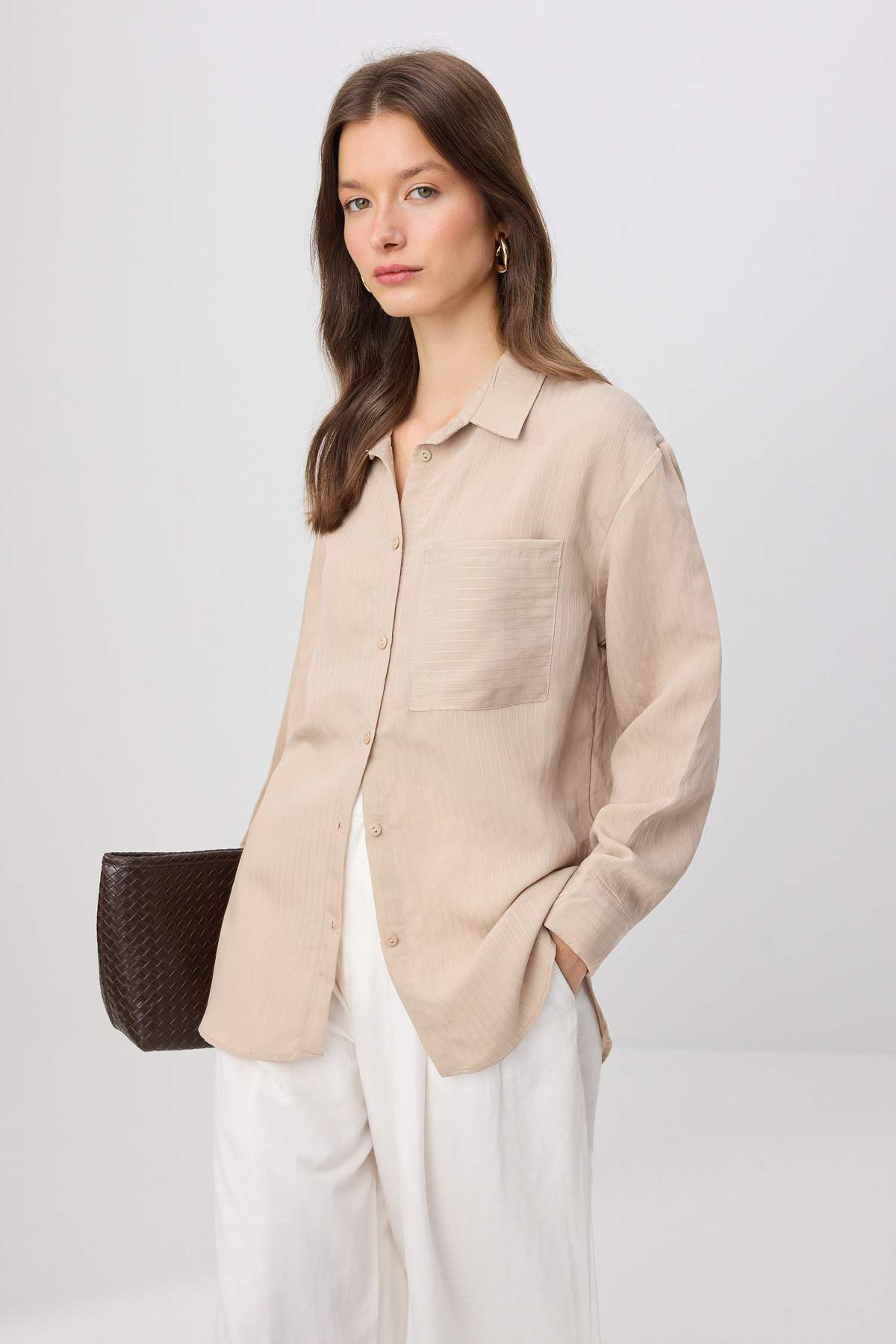 Trendyolmilla Modest Vizon Oversize Çizgili Gömlek TCTSS26TG00061