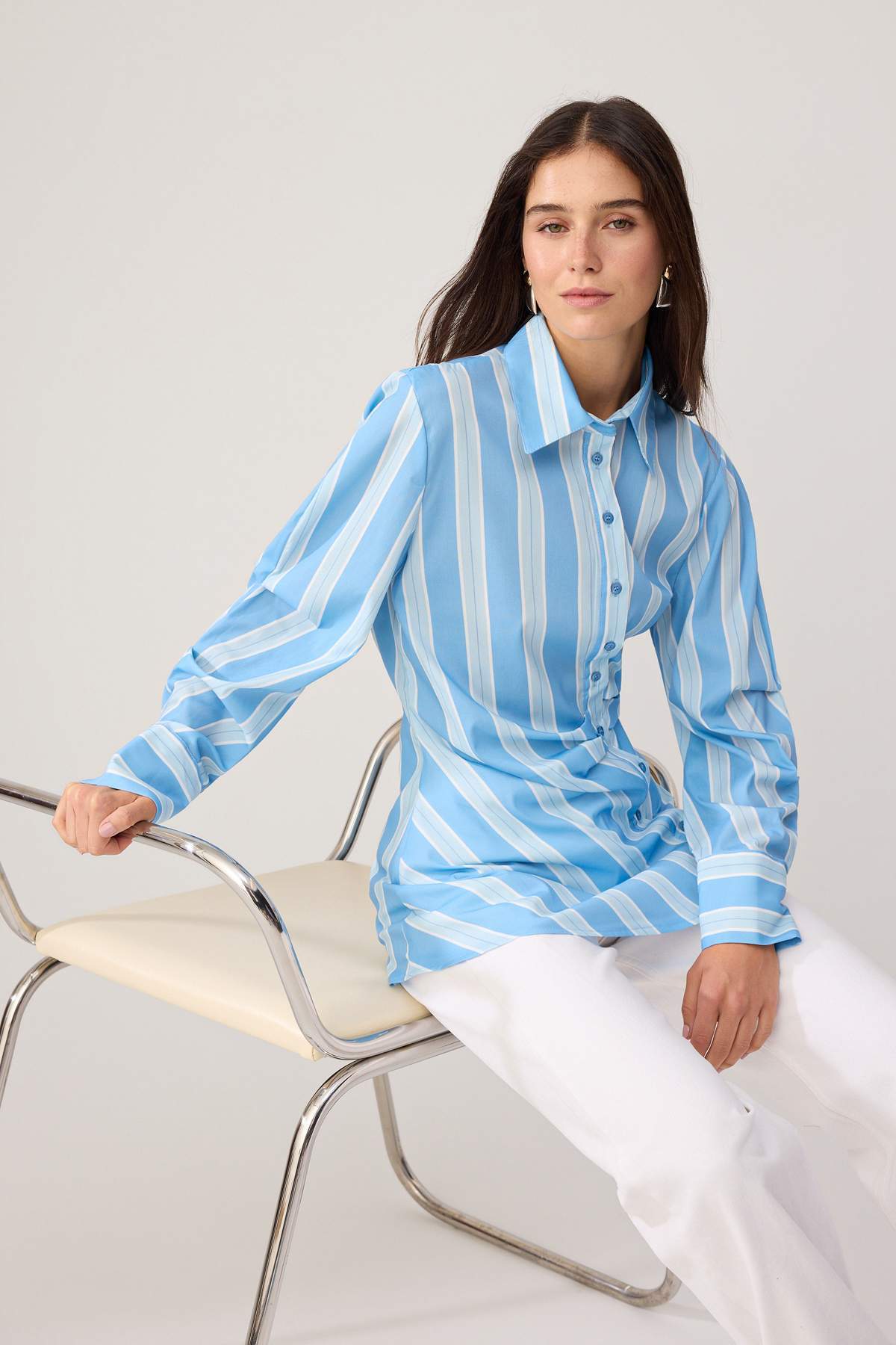 Trendyolmilla Modest Mavi-Bej Regular Terrycotton Çizgili Dokuma Alt&Üst Tesettür Gömlek TCTSS26TG00008