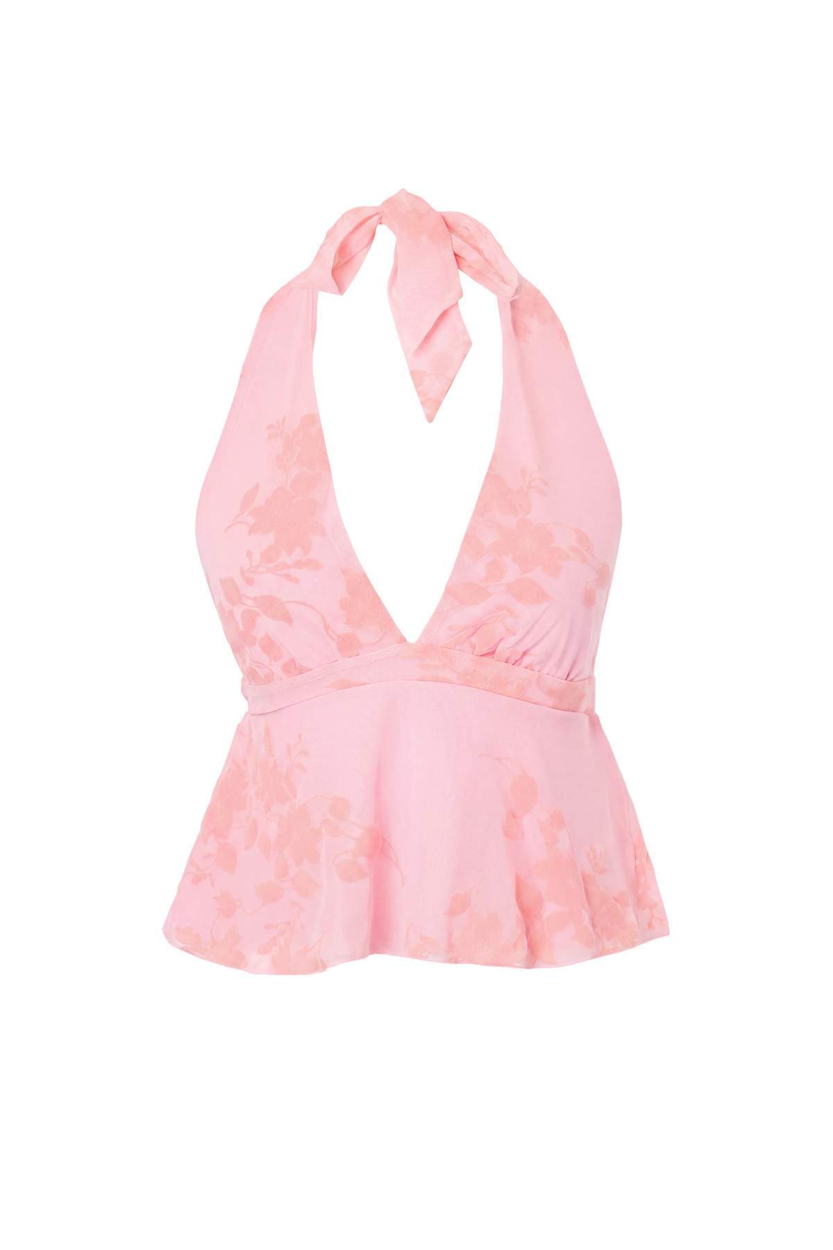 Trendyolmilla Pembe Çiçekli Boyundan Bağlamalı Yakma Party Bluz TPRSS26BZ00101