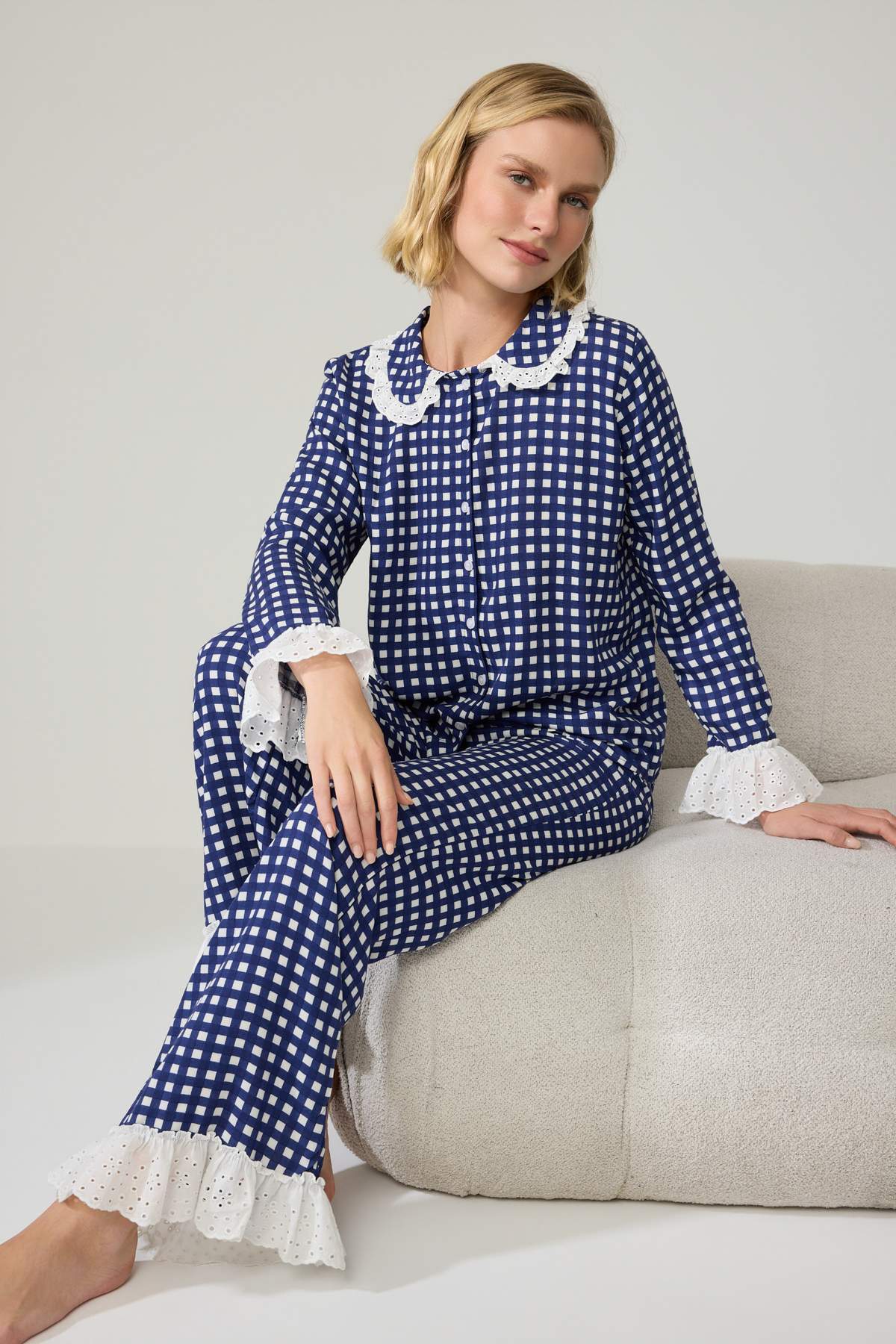 Trendyol Collection Navy Blue Gingham Viscose Woven Pajama Set Thmaw26Pt00185