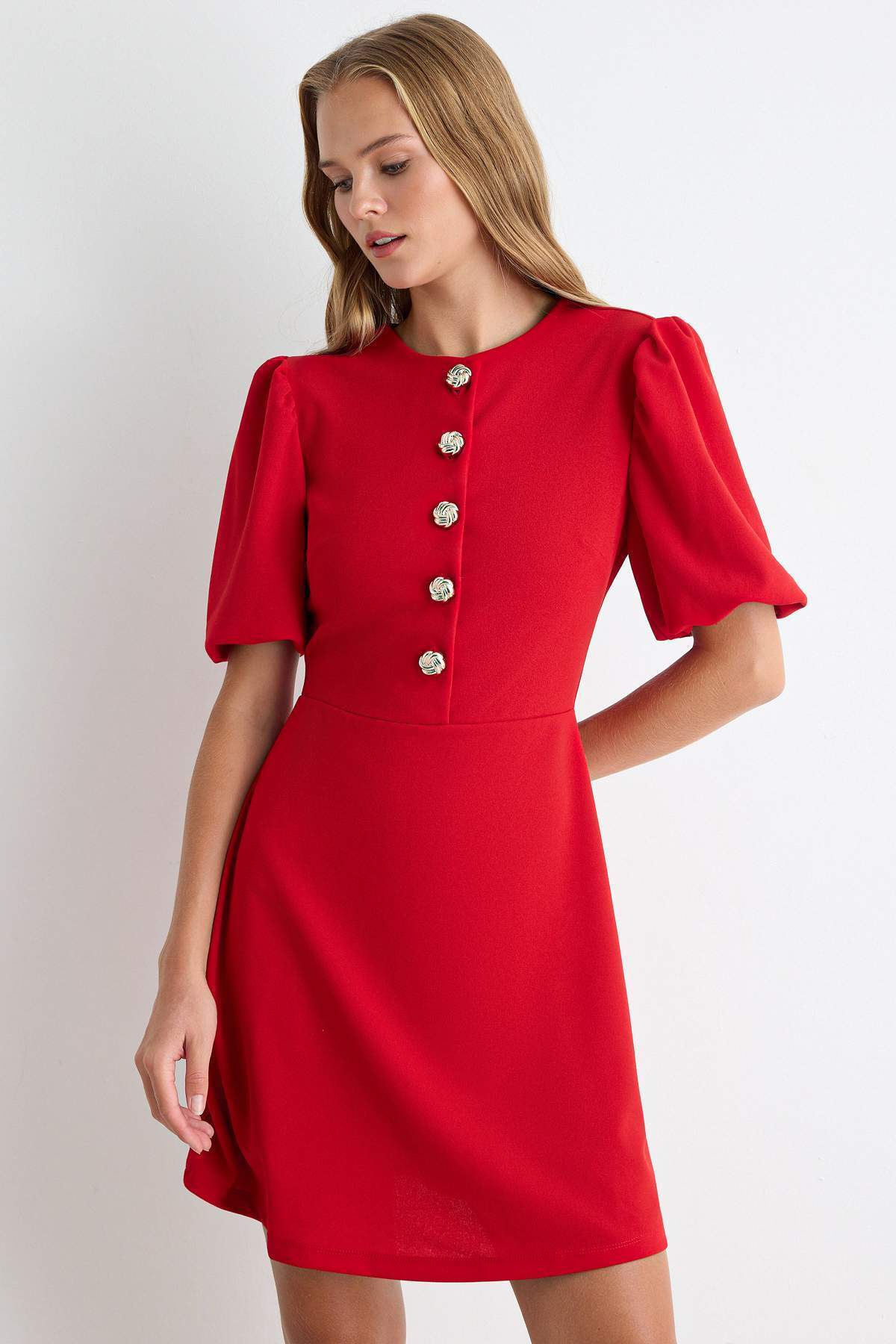 Trendyol Kollektion Rotes A-Linien-/A-Linien-Kleid mit Rundhalsausschnitt, Ba...