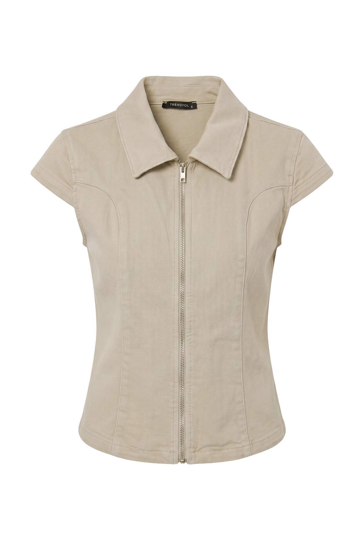 Trendyol Collection Beige Medium Stretch Zipper Detailed Sleeveless Denim Blouse Twoaw27Bz00207