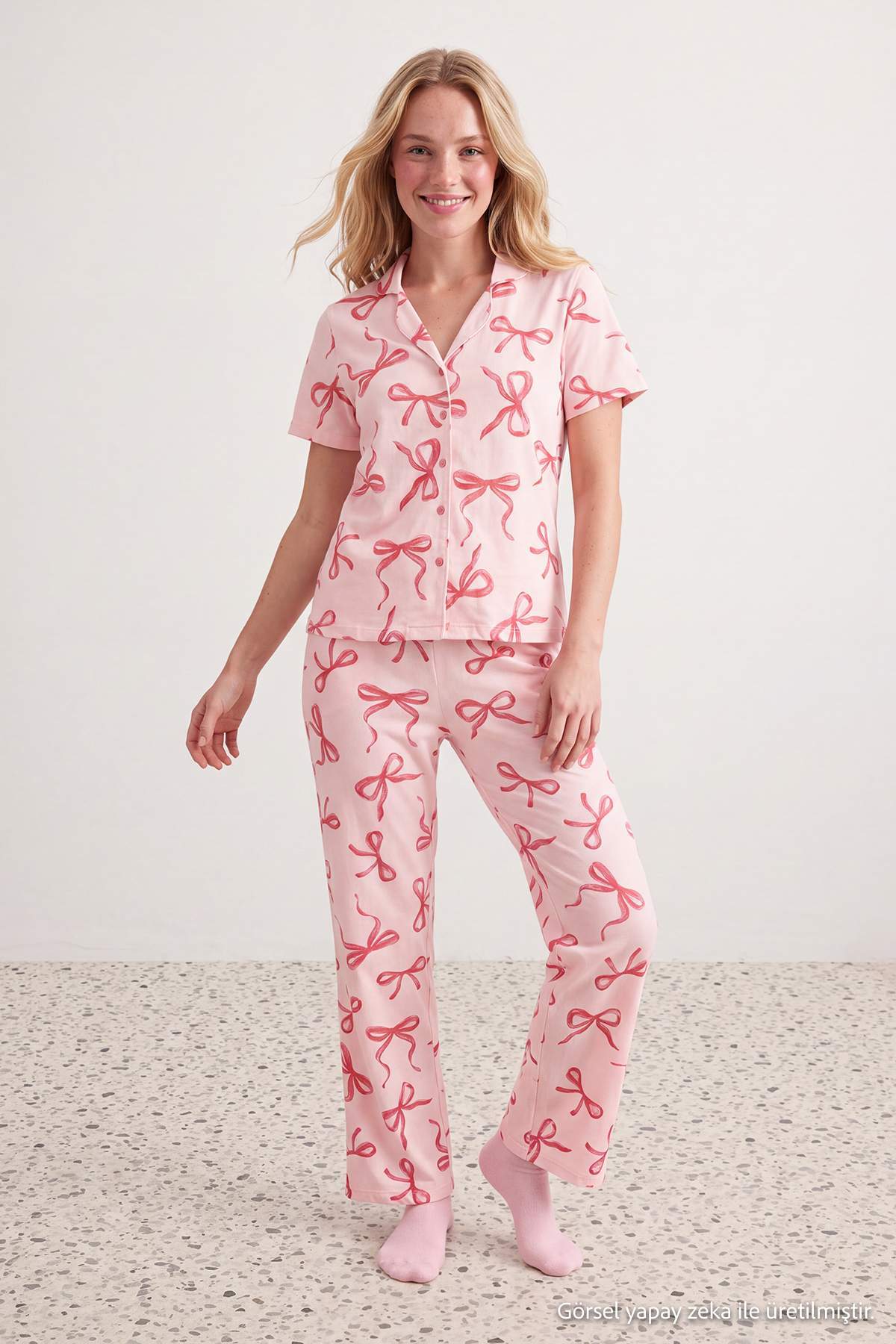 Trendyol Collection Powder 100% Cotton Ribbon Pajama Set Thmaw27Pt00141