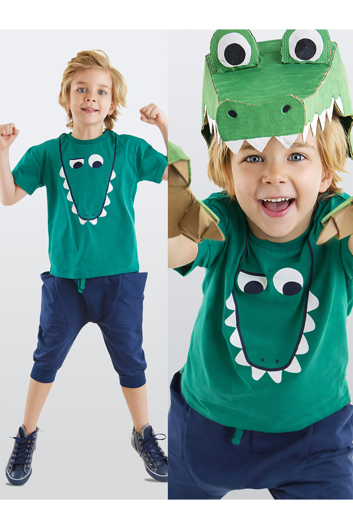 Funny Alligator Boys Summer T-shirt Capri Shorts Set with Pockets