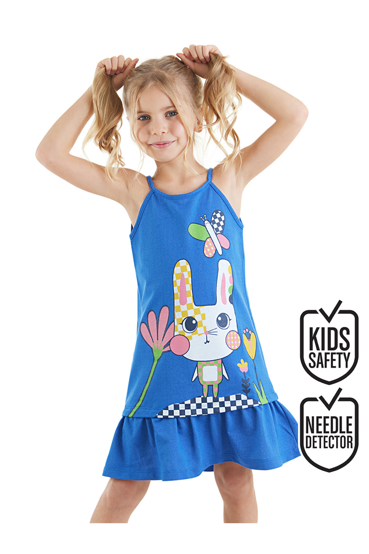 Denokids Damalı Tavşan Kız Çocuk Mavi Askılı Yazlık Elbise