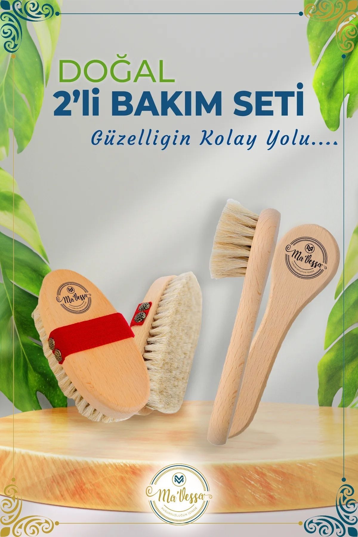 %100 Doğal Selülit Karşıtı At Kılı Vücut-Yüz Bakım Fırçası 2'li Bakım Seti — MVSS08