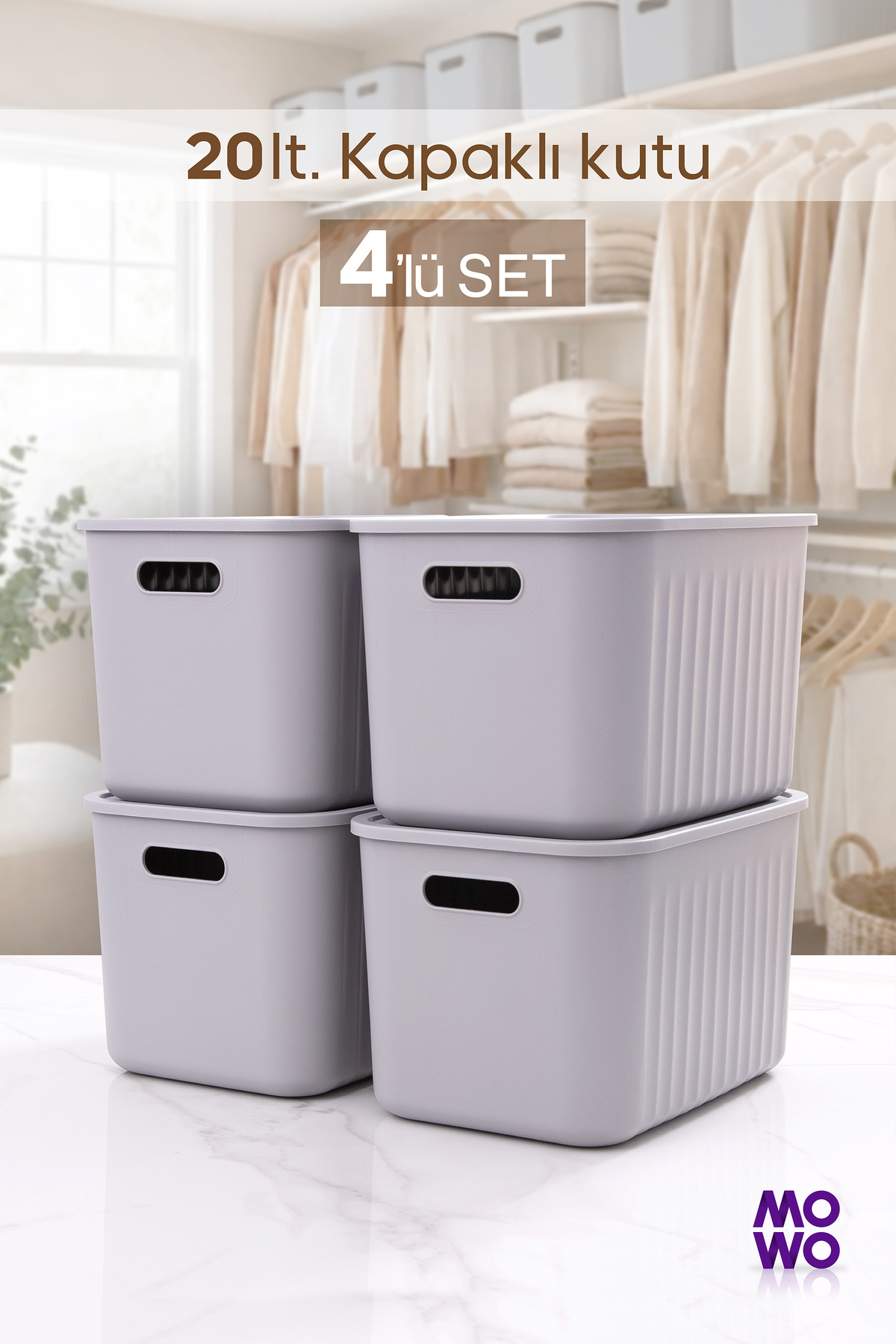 BigBox 20 Lt 4pcs Gray Cabinet Organizer Storage Box with Lid Basket Organizer Toy Box