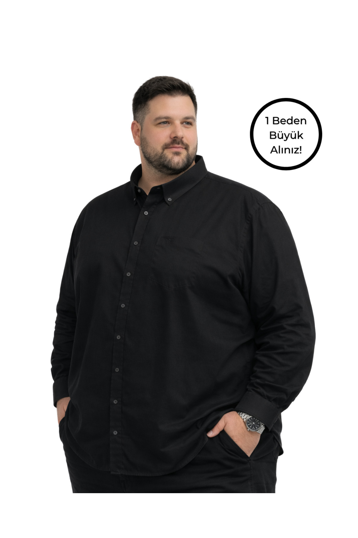 BattalModa Erkek Büyük Beden Siyah Uzun Kollu Gömlek 3XL-4XL-5XL-6XL-7XL-8XL görsel 2