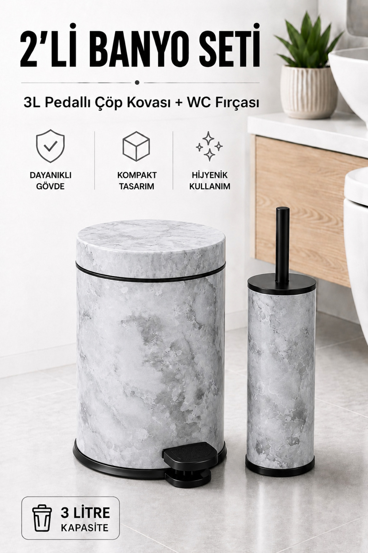 Pedal Trash Can Toilet Brush Bathroom Set with 3 Liter Inner Bucket Cover White Marble - Titan 7103