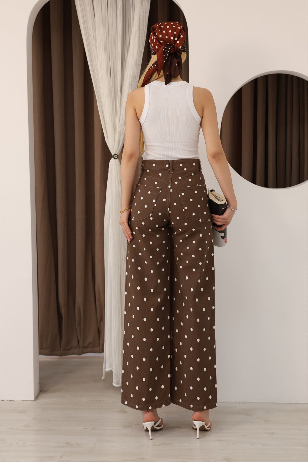 Kadın Kahve Beyaz Puantiyeli Yüksek Bel Wide Leg Culotte Jean Pantolon Retro Bol Paça Denim