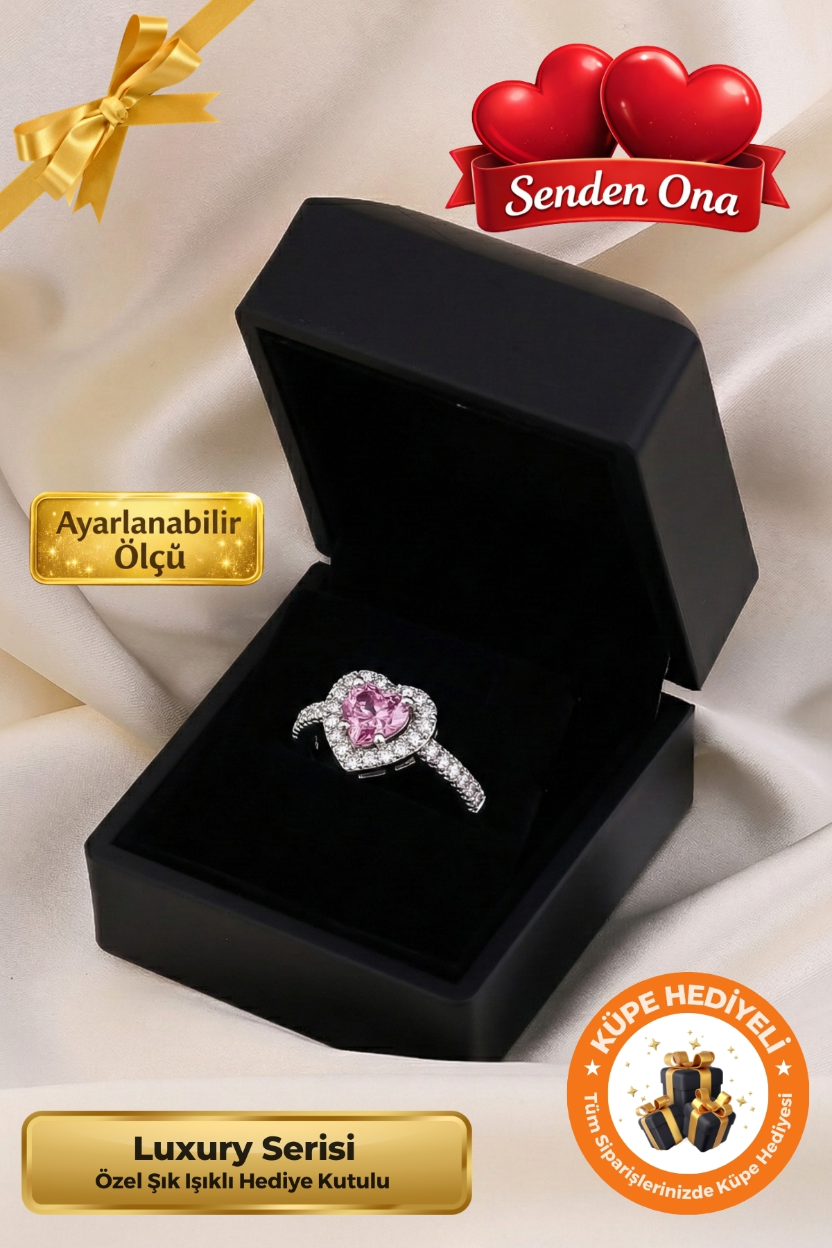 Lucente Jewellery Işıklı Hediye Kutulu Ciddi İlişki Yüzüğü 925 Ayar Luxury Serisi Pırlanta Montürlü Pembe Kalp Kesim Tektaş Gümüş Sonsuz Aşk Simgesi Tek Taş Kalpli Sevgiliye Hediye Küpe Hediyeli Ayarlanabilir Yüzük