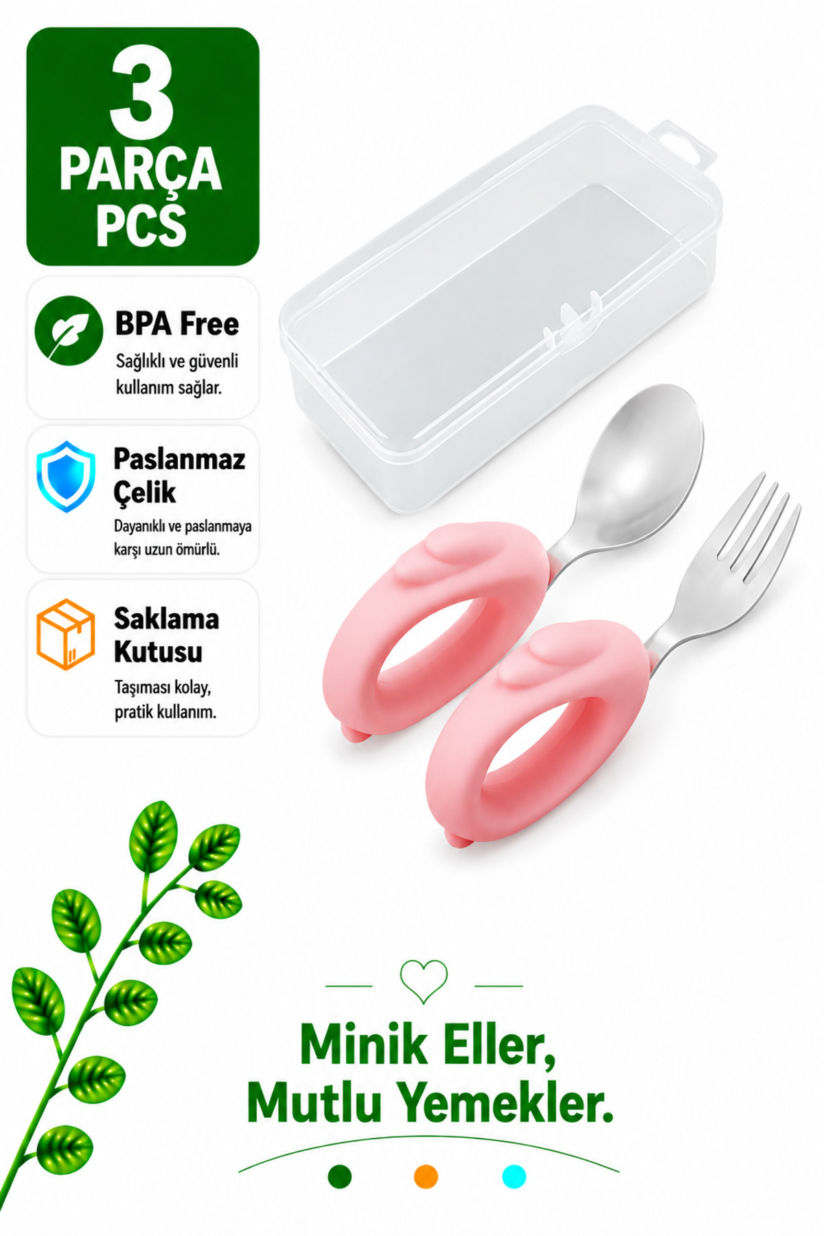 Pink Premium Children's BPA Free Silicone Handle Stainless Steel Fork-Spoon with Rabbit Figure, (9+ Months)
