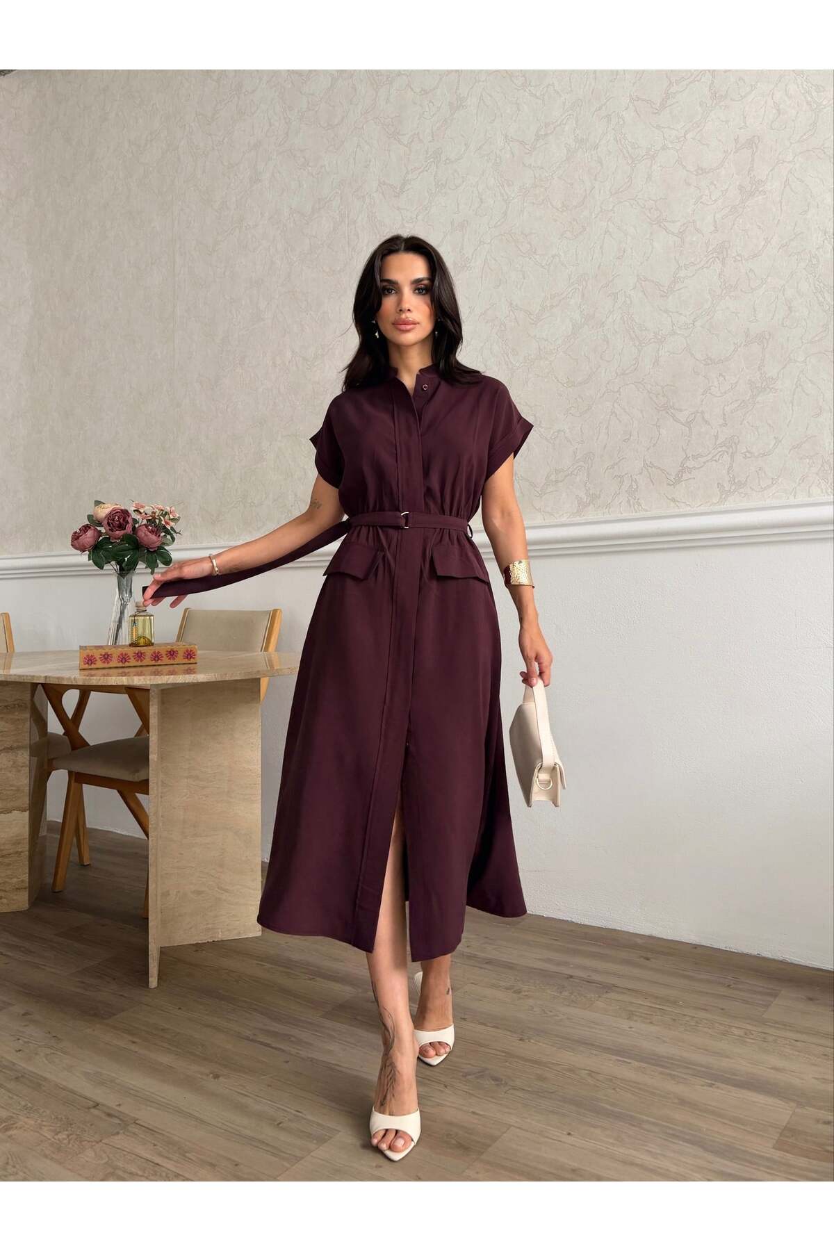 ceymoda Women's Short Sleeve Belt Detailed Buttoned Tencel Fabric Dress