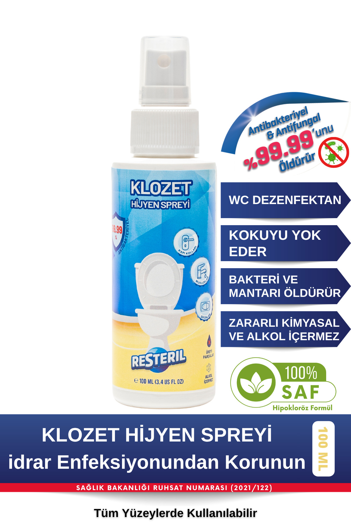 Resteril WC Klozet Temizleyici Hijyen Dezenfektan Spreyi - Tuvalet Klozet Kapağı Sifon Musluk Temizleme Spreyi 100ml - Fiyatı, Yorumları