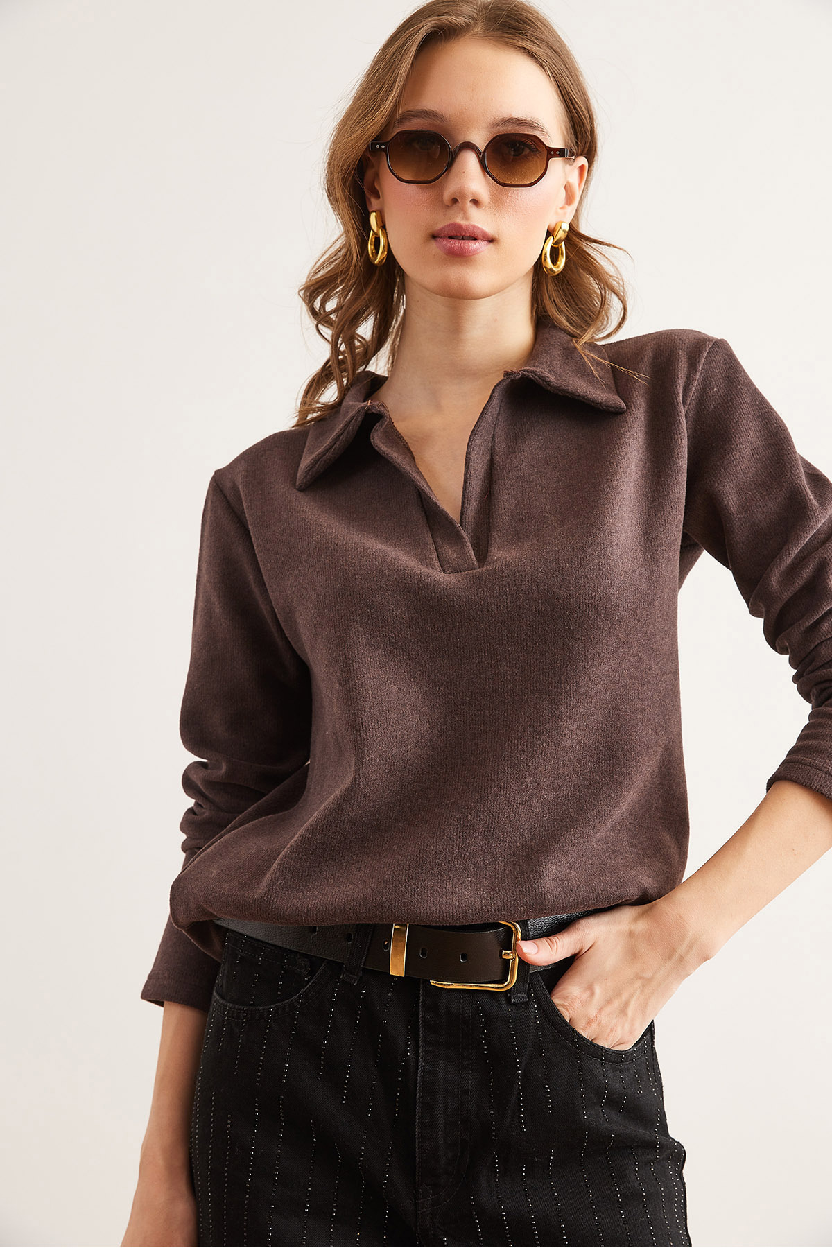 Olalook Kadın Acı Kahve Polo Yaka Selanik Bluz BLZ-19002810 görsel 4